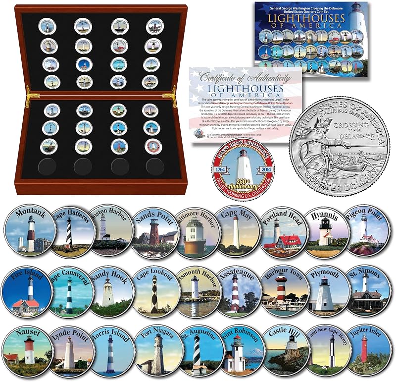 Faros históricos americanos coloreados barrios estatales de EE. UU. Juego de 28 monedas con caja