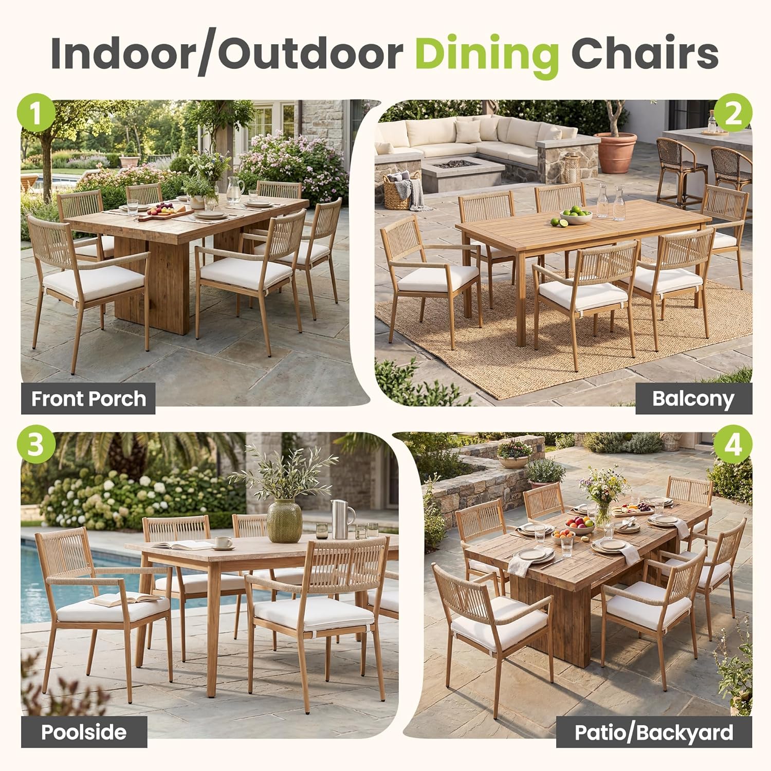 Outdoor Dining Chair with Rope Back & Armrests, Patio Dining Chairs Set of 6, Weather-Resistant Metal Frame, Comfortable Cushioned Seat for Patio, Deck, and Backyard, Beige