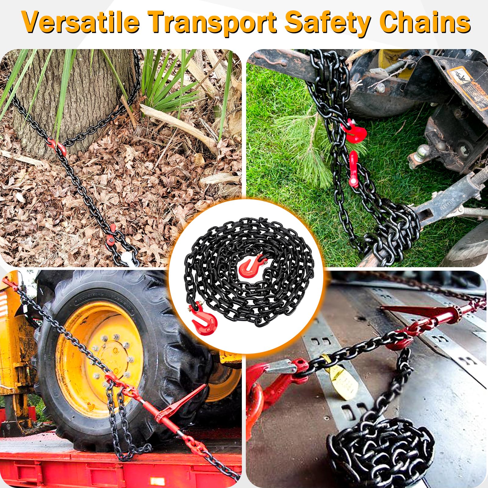 Binderkette G80 Transport Binder Kette 3/8 Zoll x 20 Fuß - Spannketten mit Gabelkopf Greifhaken 3,2 kg Sichere Arbeitsbelastung Holzkette für Transport von Abschleppbindeausrüstung