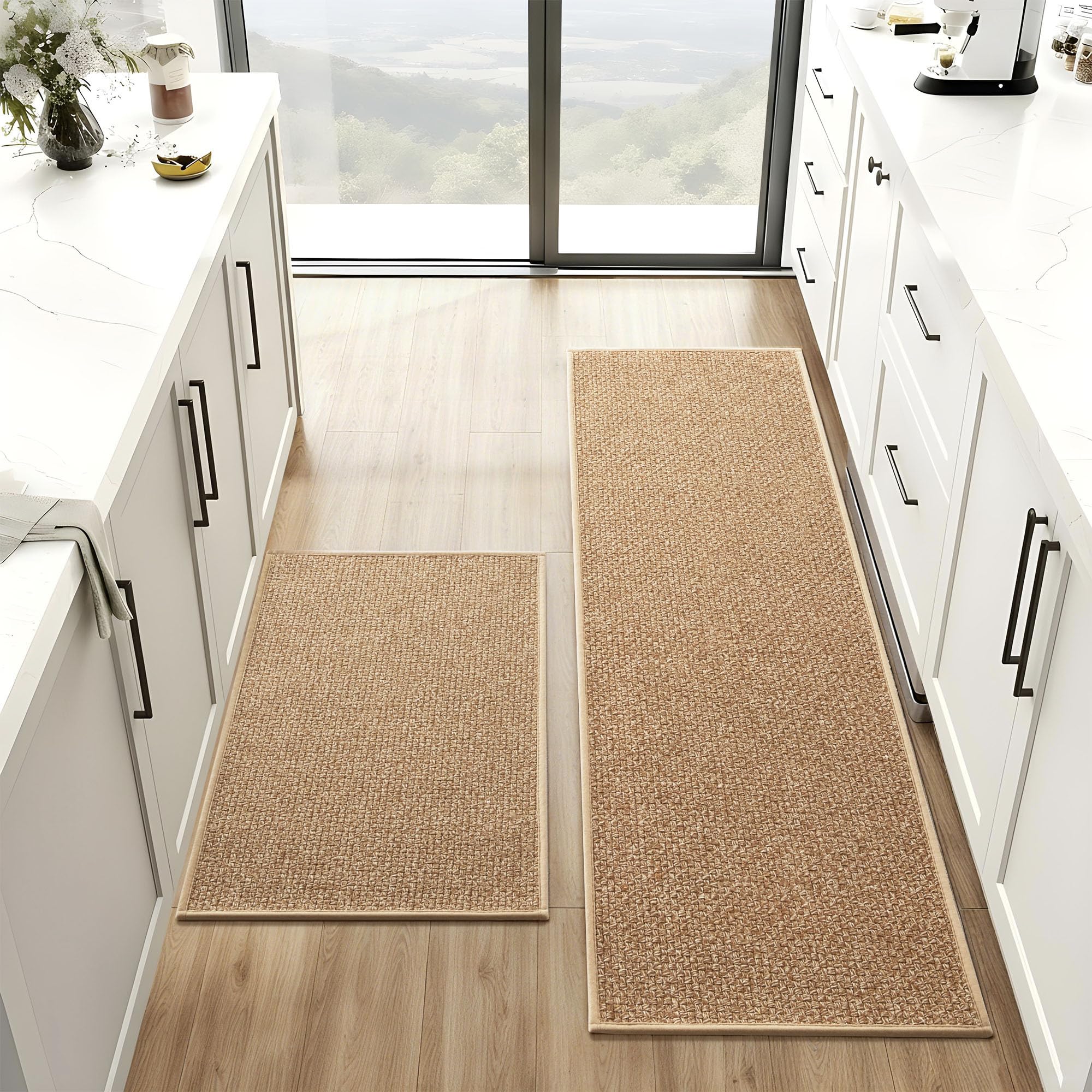 Carvapet Kitchen Mats for Floor, Super Absorbent Kitchen Rugs Non Slip Washable, Rubber Backing Soft Oatmeal Braided Kitchen Floor Mat Standing Mat Sink Mat(Brown,43 * 70+43 * 120cm)
