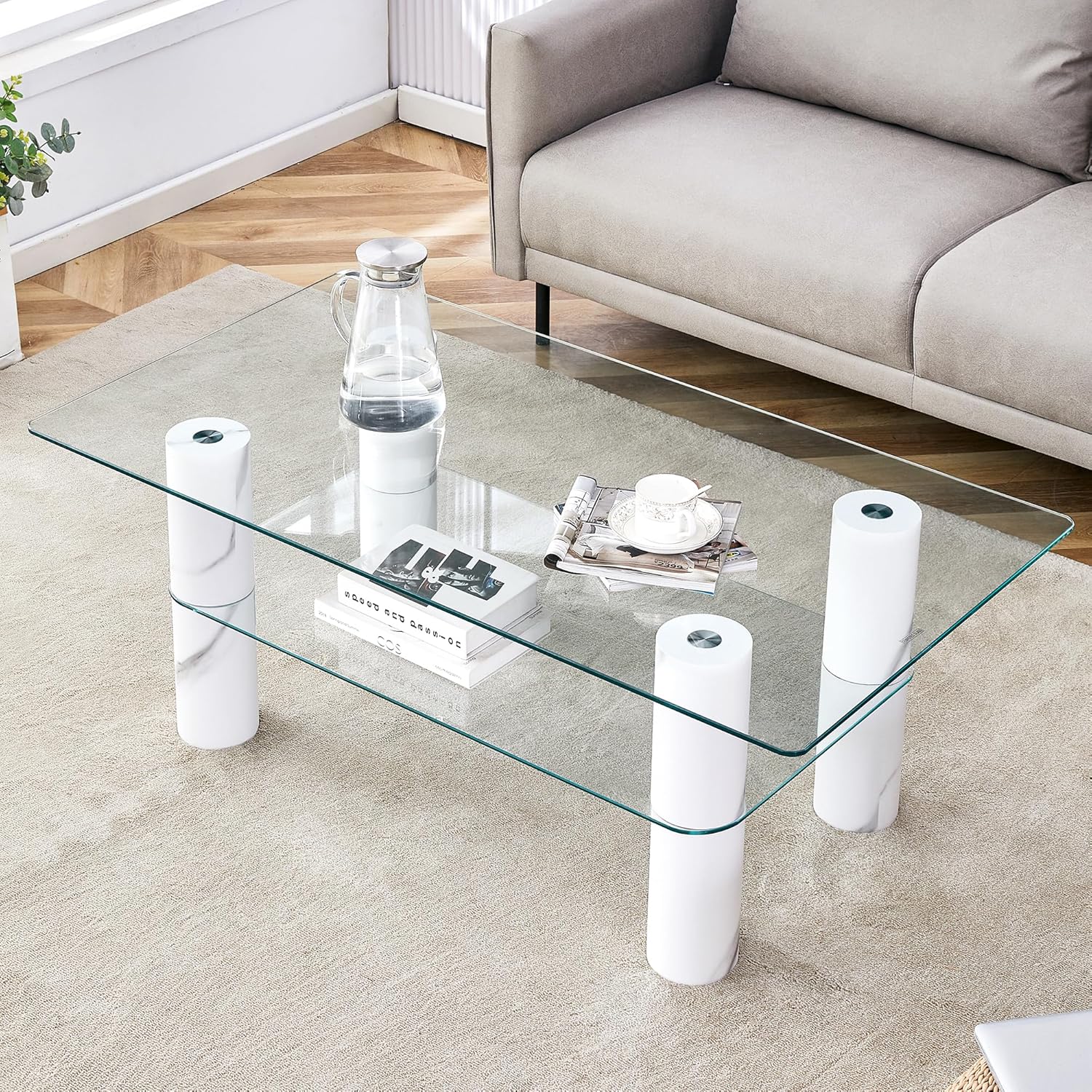 Glass Coffee Table,Rectangular Tea Table with Wooden Column,Modern 2-Tier Cocktail Table/Center Table Suitable for Bedroom,Living Room,Office