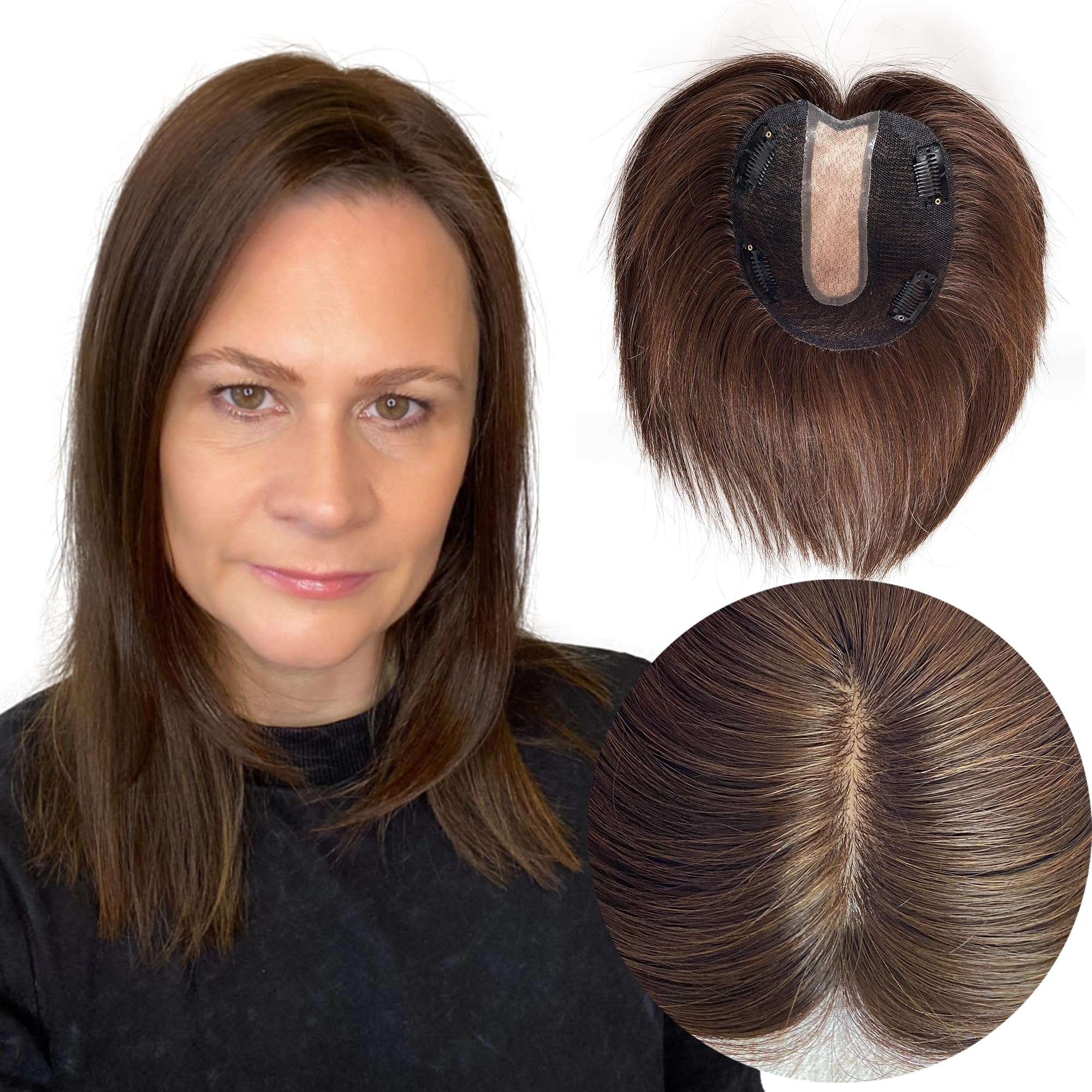 Hand-Tied Mono Topper for Thinning Hair, 100% Human Hair, Glueless Lightweight DWY 100% Human Hair Toppers for Women,Lace Front Mono Top  main image 3