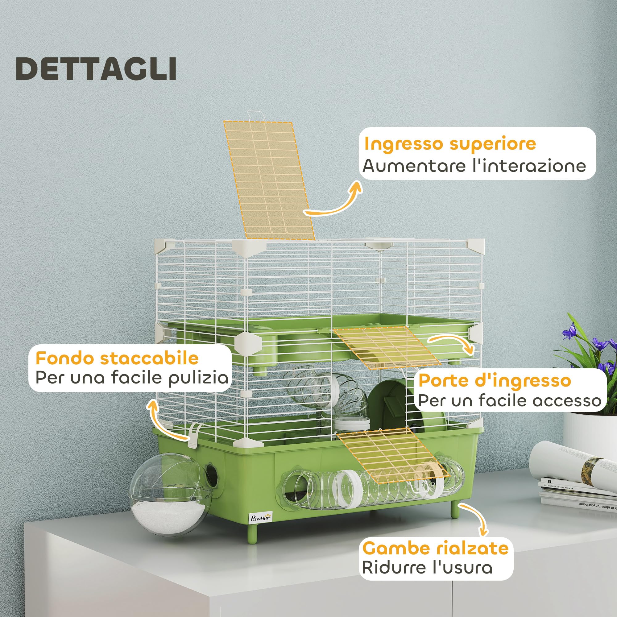 PawHut Gabbietta per Criceto a 2 Livelli e 3 Porte con Ruota Silenziosa, Lettiera e Tubi di Gioco, Gabbia per Animali in Acciaio, PS e PP, 44.5x28x44 cm, Verde e Bianco
