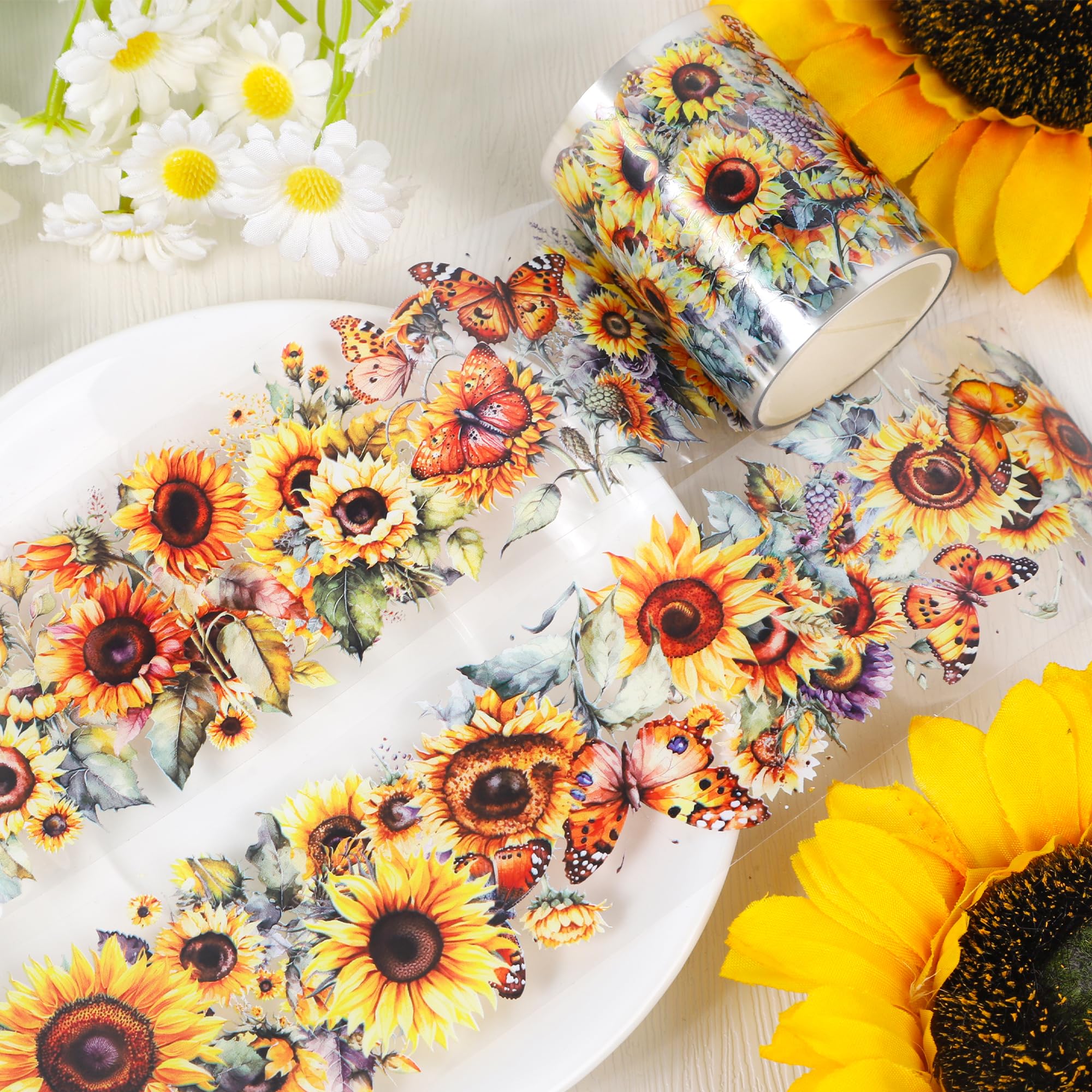 Sitsink Sunflower PET Tape for Journaling - Flower Butterfly Junk Journal Scrapbooking Supplies, Floral PET Tape for Journal Book Crafts Bottle Décor