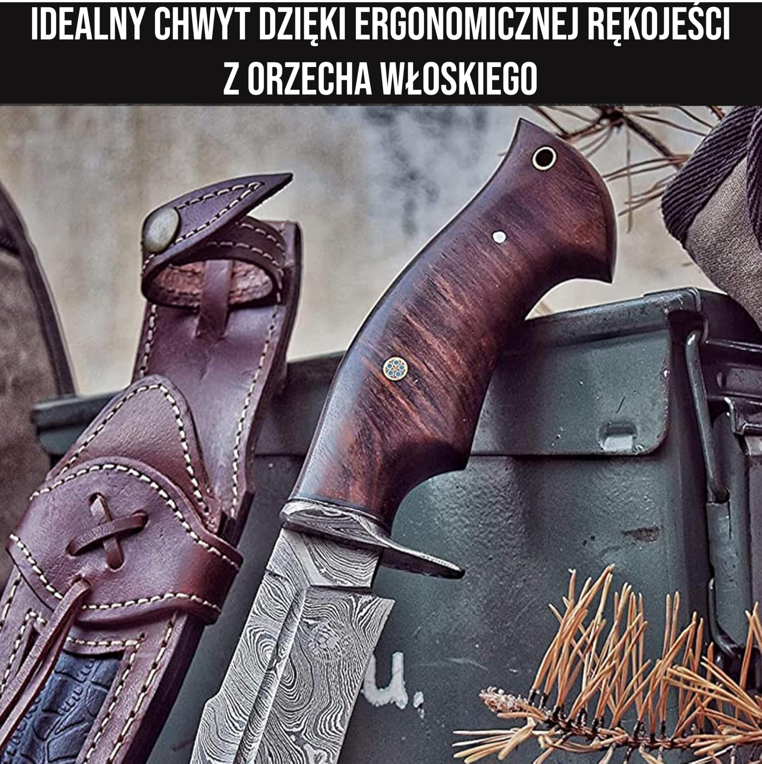 BIGCAT ROAR Ręcznie Wykonana Nożowa Ostrza Damasceńskiego - Nóż Stały do Polowania z Pokrowcem i Rączką z Drewna Orzechowego - 10″ Nóż do Skórowania EDC - Bestialski Łowca | Uchwyt z orzecha włoskiego i skórzana osłona. Bushcraft, kemping, survival, kolek