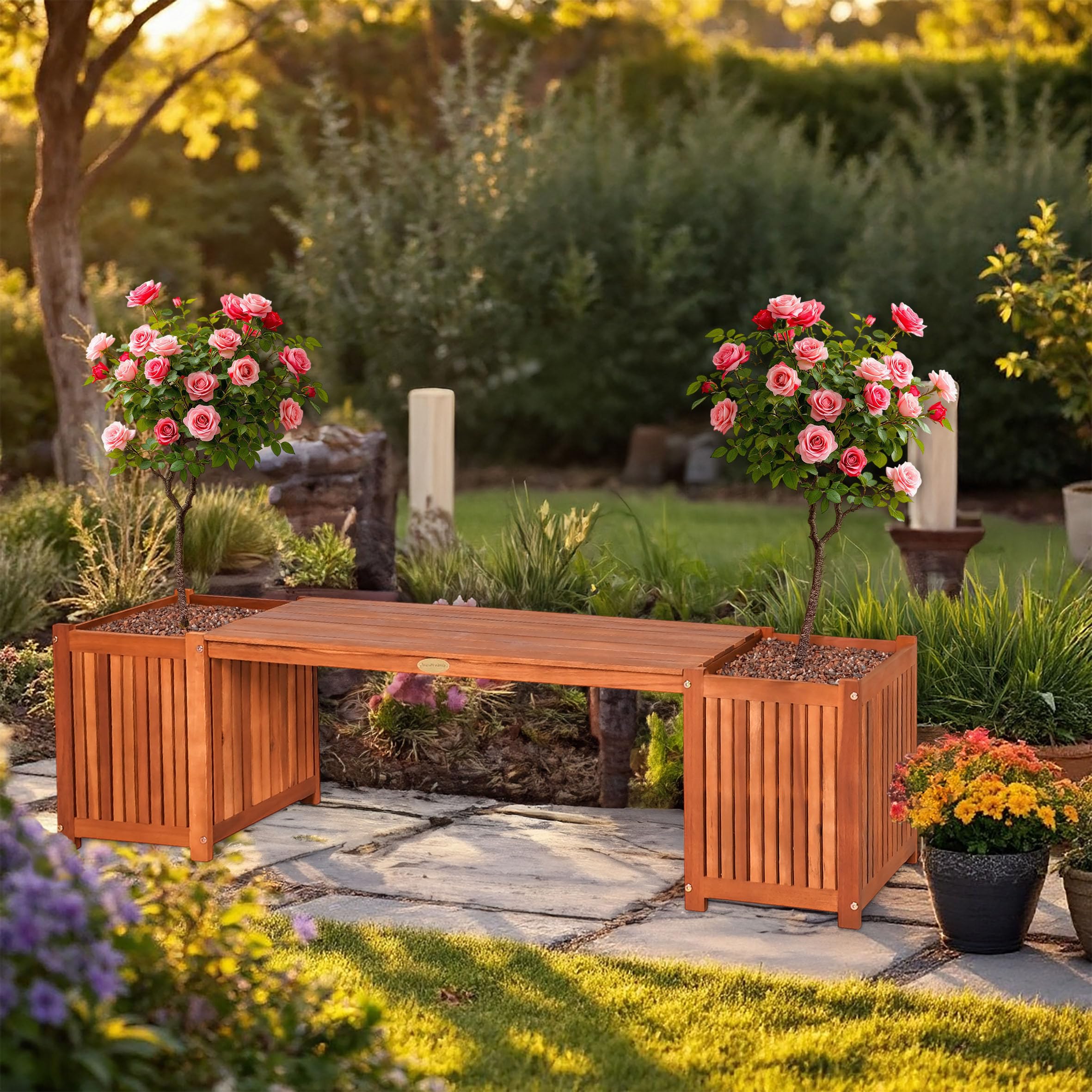 Spetebo Banco de madera de acacia con jardinera integrada – 150 x 40 cm – Banco de jardín con maceta de madera FSC – Banco para flores, banco de parques, banco de madera con macetero, muebles de