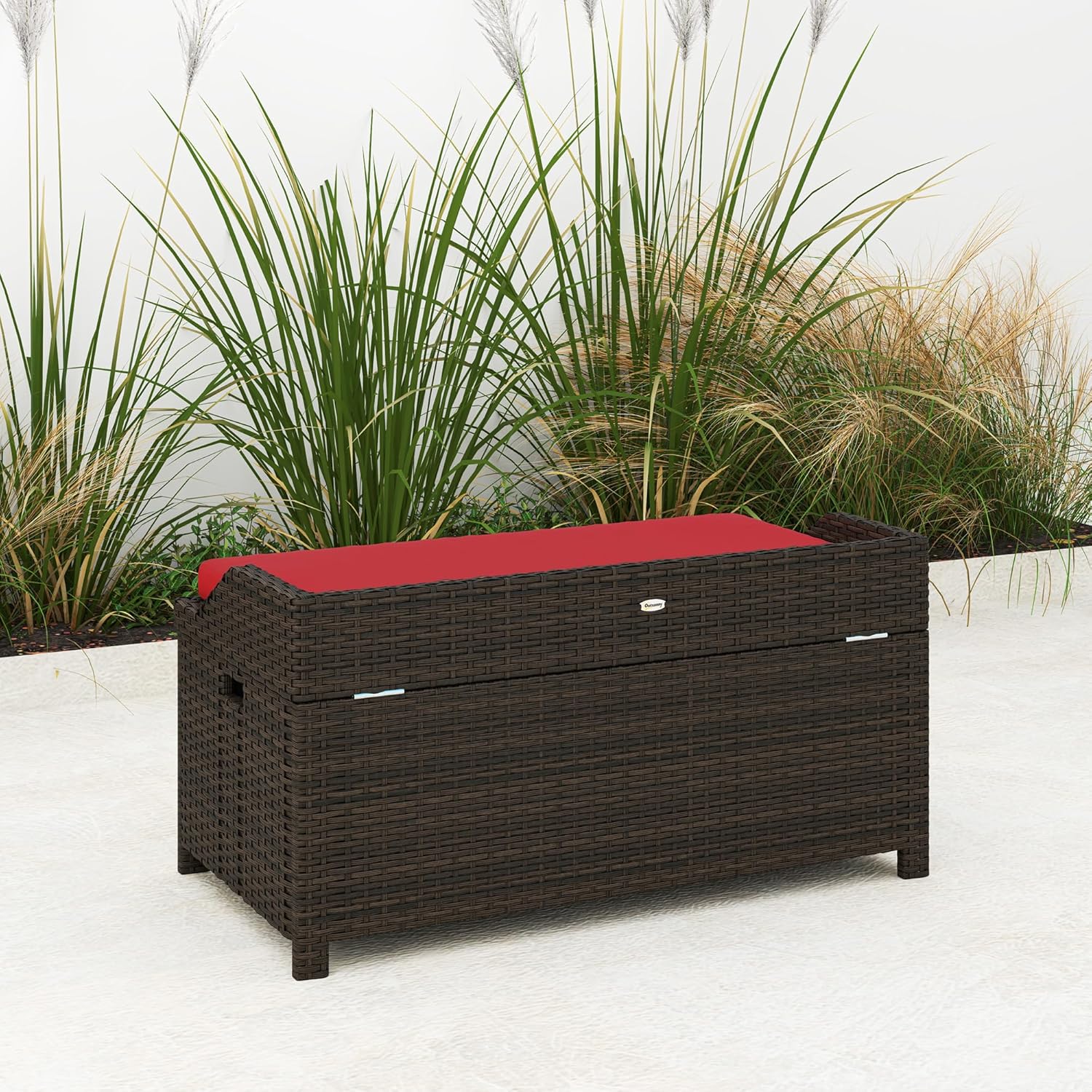Outsunny 34 Gallon Outdoor Wicker Storage Bench Deck Box, PE Rattan Patio Furniture Pool Storage Bin Container with Interior Waterproof Cloth Bag and Comfortable Cushion, Red
