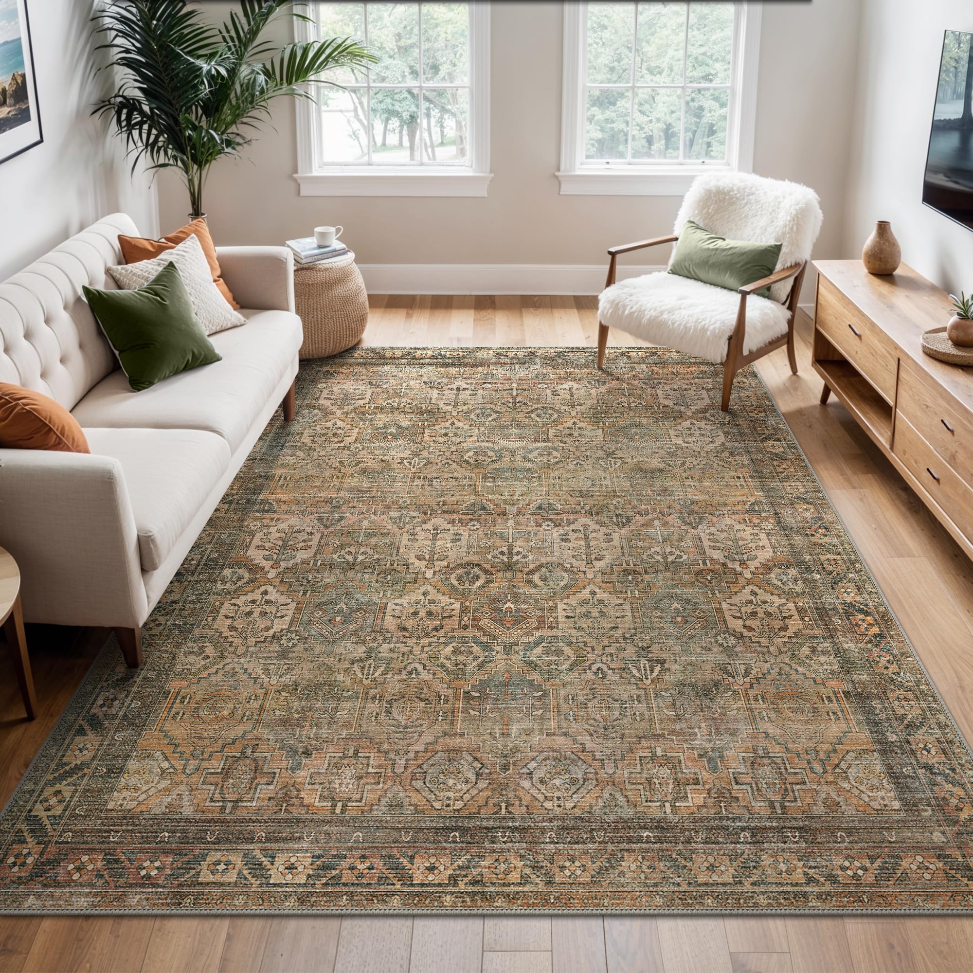 BEIMO XXL Washable Rugs 240x300cm, Boho Area Rugs for Bedroom Soft Short Pile, Machine Washable Rug Non-Slip Large Rugs for Living Room, Dining Room, Olive Green