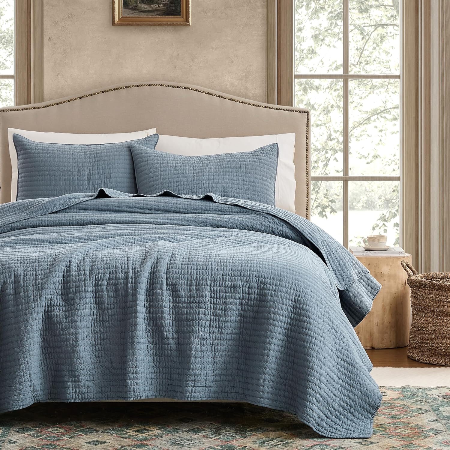 WDCOZY 100% Cotton Queen Size Quilt Set - Blue Striped Pick Stitch Soft Lightweight Bedspread, Textured Like Linen, Farmhouse Country Rustic Coverlet, Shabby Chic Gauze Bedding, 3 Pieces
