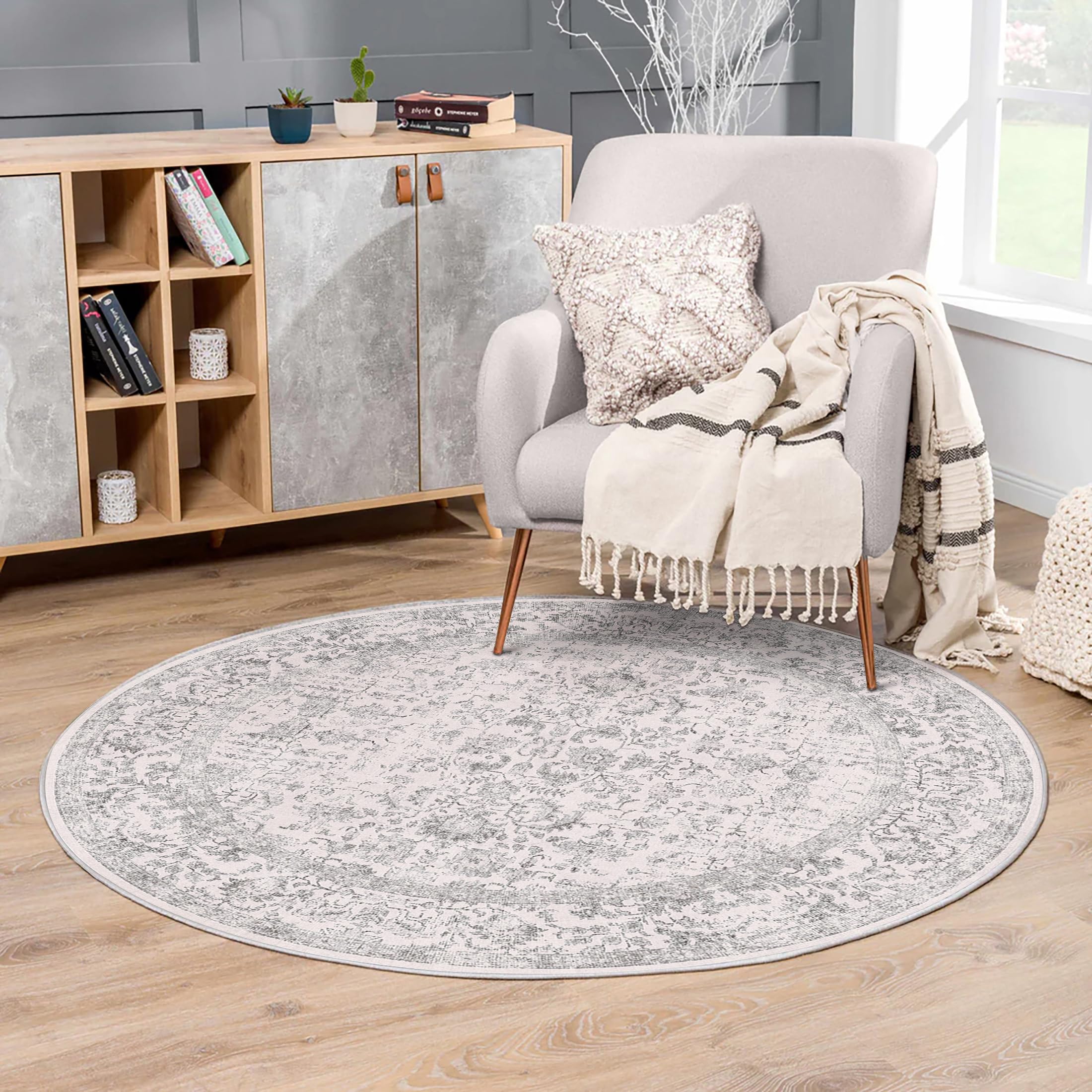 HUGEAR Vintage Grey Round Rug 120cm Washable Non Slip Circle Area Rugs Living Room Bedroom Kitchen Hall Lounge Bedside Office Dining Room Indoor Carpet Low Pile Circular Carpets
