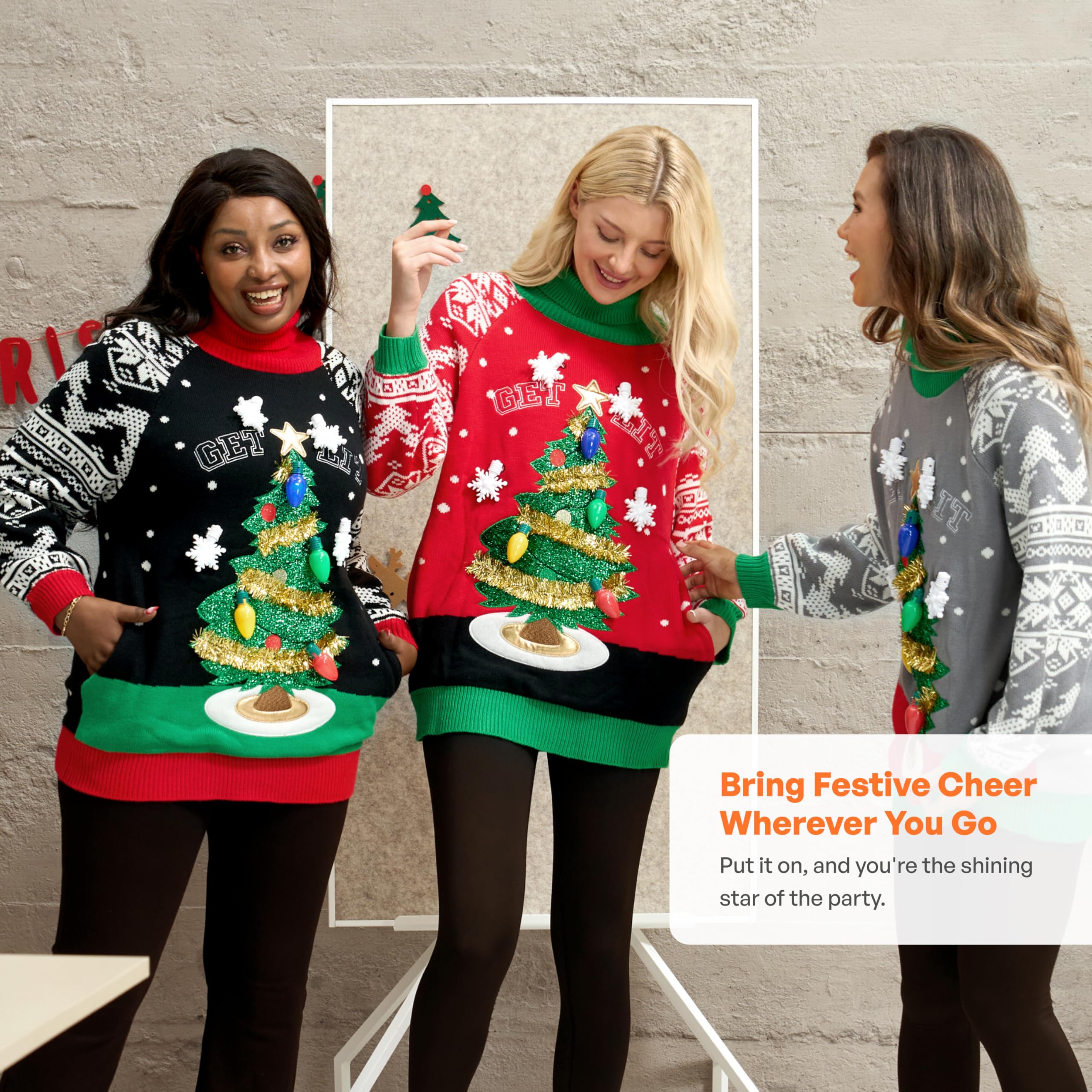 JOYIN Mujer resplandor suéter feo vestido largo suéter con divertido árbol de Navidad 3D y bombillas de novedad, suéter negro de manga larga de Navidad patrón de punto