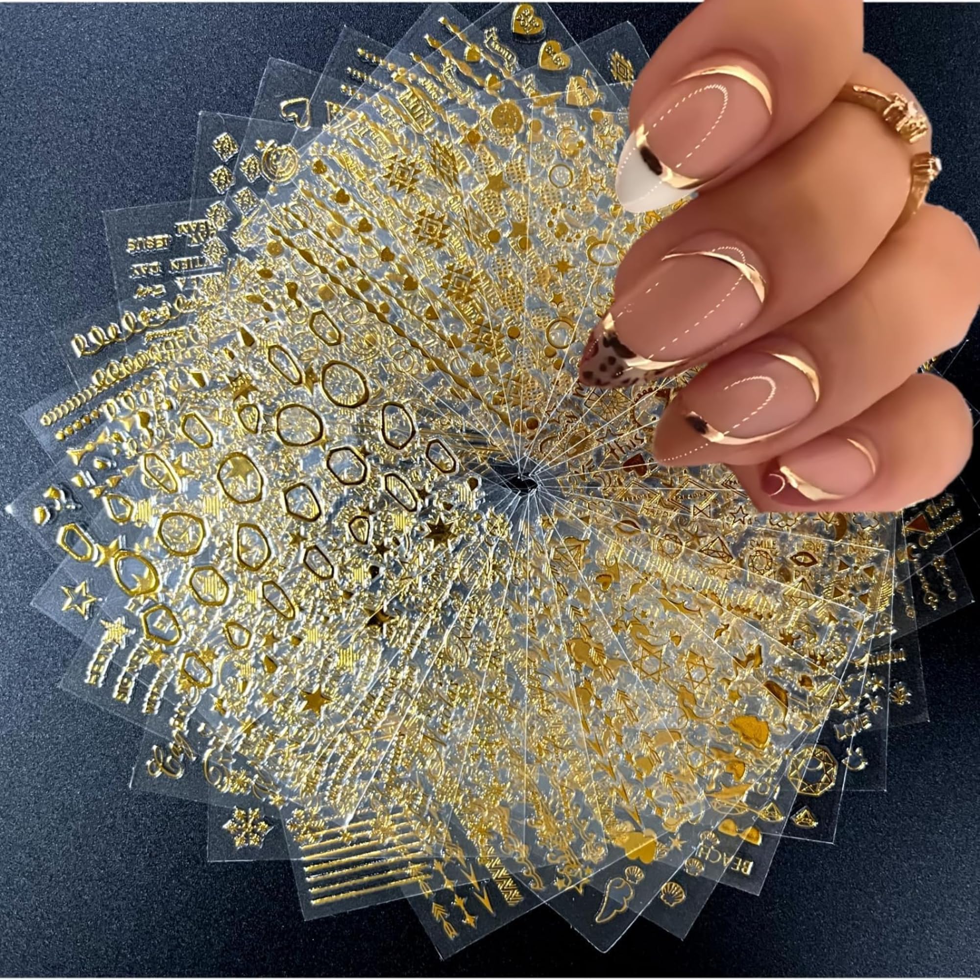 Huda Crush Gold Nail Art Stickers - 30 Sheets 3D Self-Adhesive Decals with Line Star Designs for Acrylic Nails - Leaf Diamond Supplies for Women-image-32