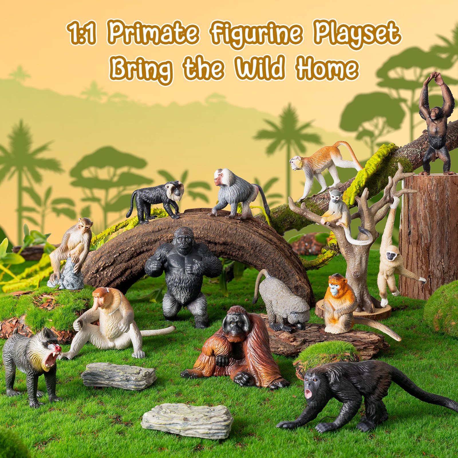 TOYMANY 15 sztuk małp - figurki zwierząt i drzewa, realistyczne figurki orangutanów, zwierząt z dżungli, w tym goryla, szympansów, zabawek edukacyjnych, prezent urodzinowy dla dzieci