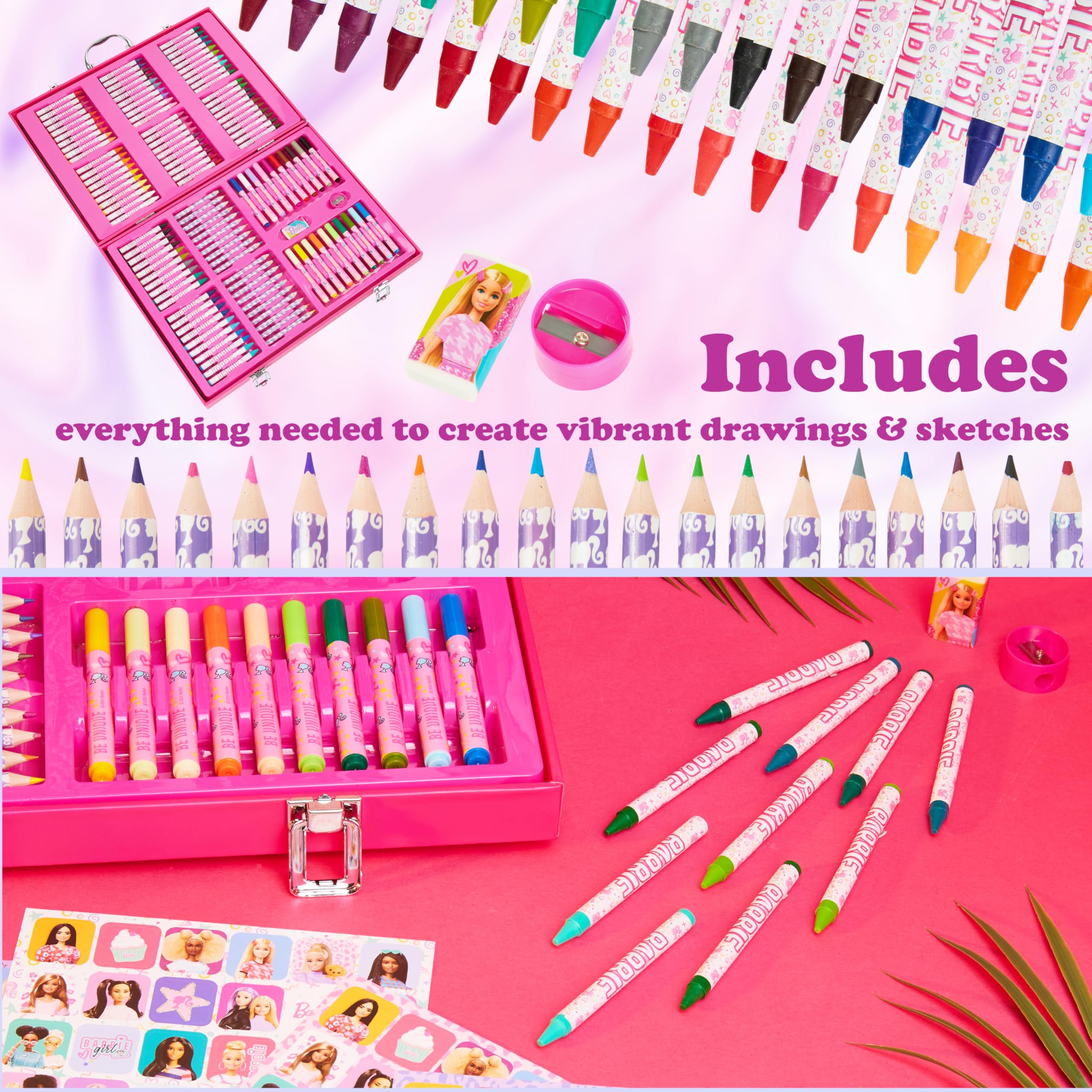 Barbie Art Supplies Set, 130+ Pcs Girls Drawing Colouring Travel Case with Crayons, Felt Tips Colouring Pencils - Girls Gifts - Image 4