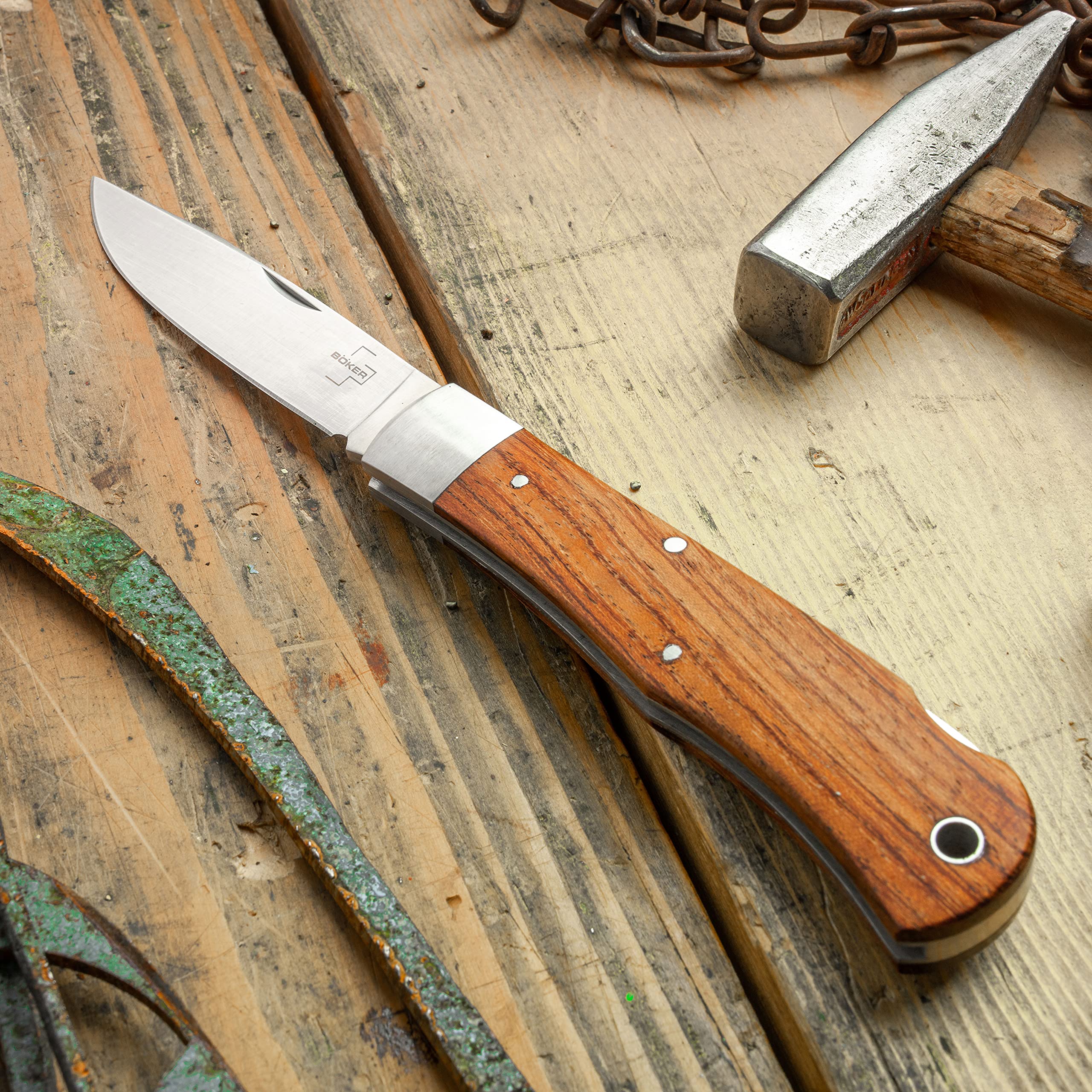 Böker Plus® Lockback Bubinga - EDC Zweihandmesser mit 440C Klinge 9 cm - Lockback-Messer in Messer-Etui -klassisches Taschenmesser mit Holzgriff