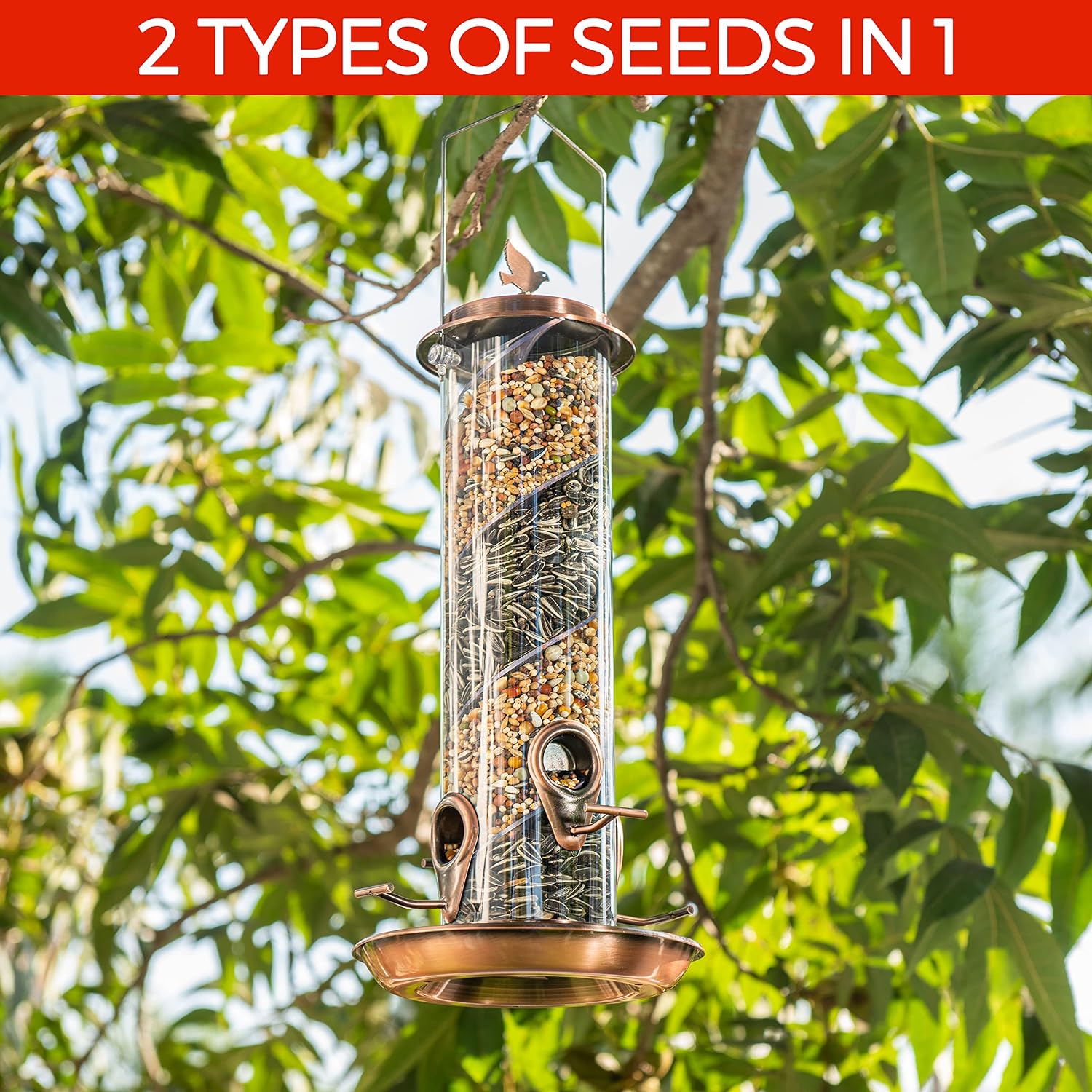 Nature Anywhere Copper Colored Spiral Bird Feeder with Double Feeders for Outside. Fits Pole and House Hooks. Includes Free Funnel. Feed Large and Small Birds Like Cardinal, Woodpecker & Finch.
