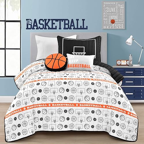 Miniatura 2 de Lush Decor Juego de edredón reversible de juego de baloncesto, juego de 4 piezas, individual, negro y naranja, juego de ropa de cama suave para