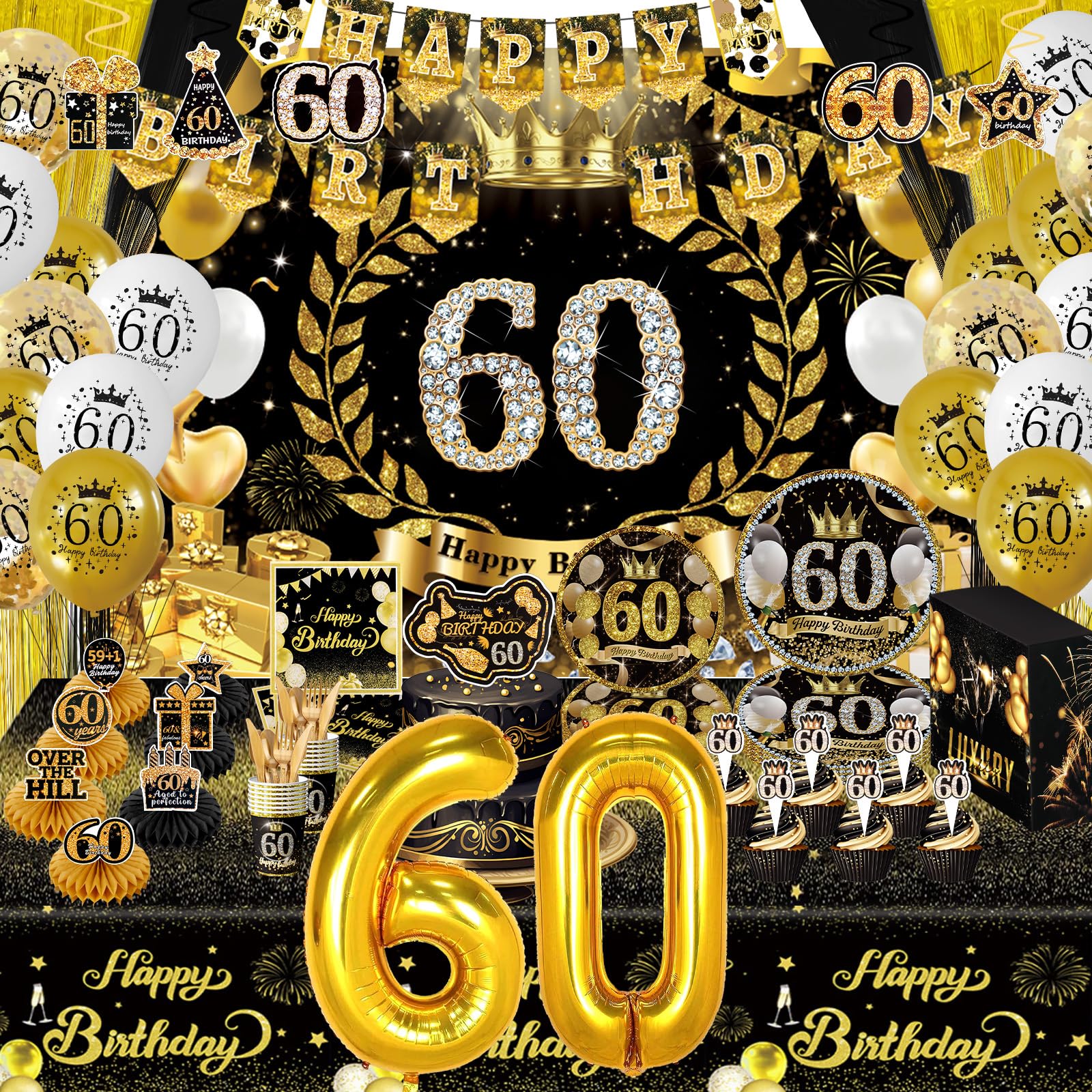 164 piezas de decoraciones de feliz cumpleaños negro y dorado, decoraciones de cumpleaños de fiesta de cumpleaños negro y dorado, suministros de fiesta de feliz cumpleaños para hombres y mujeres,