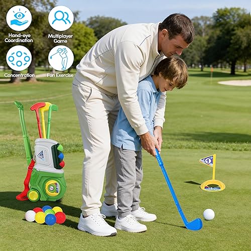 Miniatura 6 de Juego de golf para niños y niñas de 1, 2, 3, 4, 5 años, con 4 palos de golf de plástico, 10 pelotas, para interiores y exteriores, juego de palos de