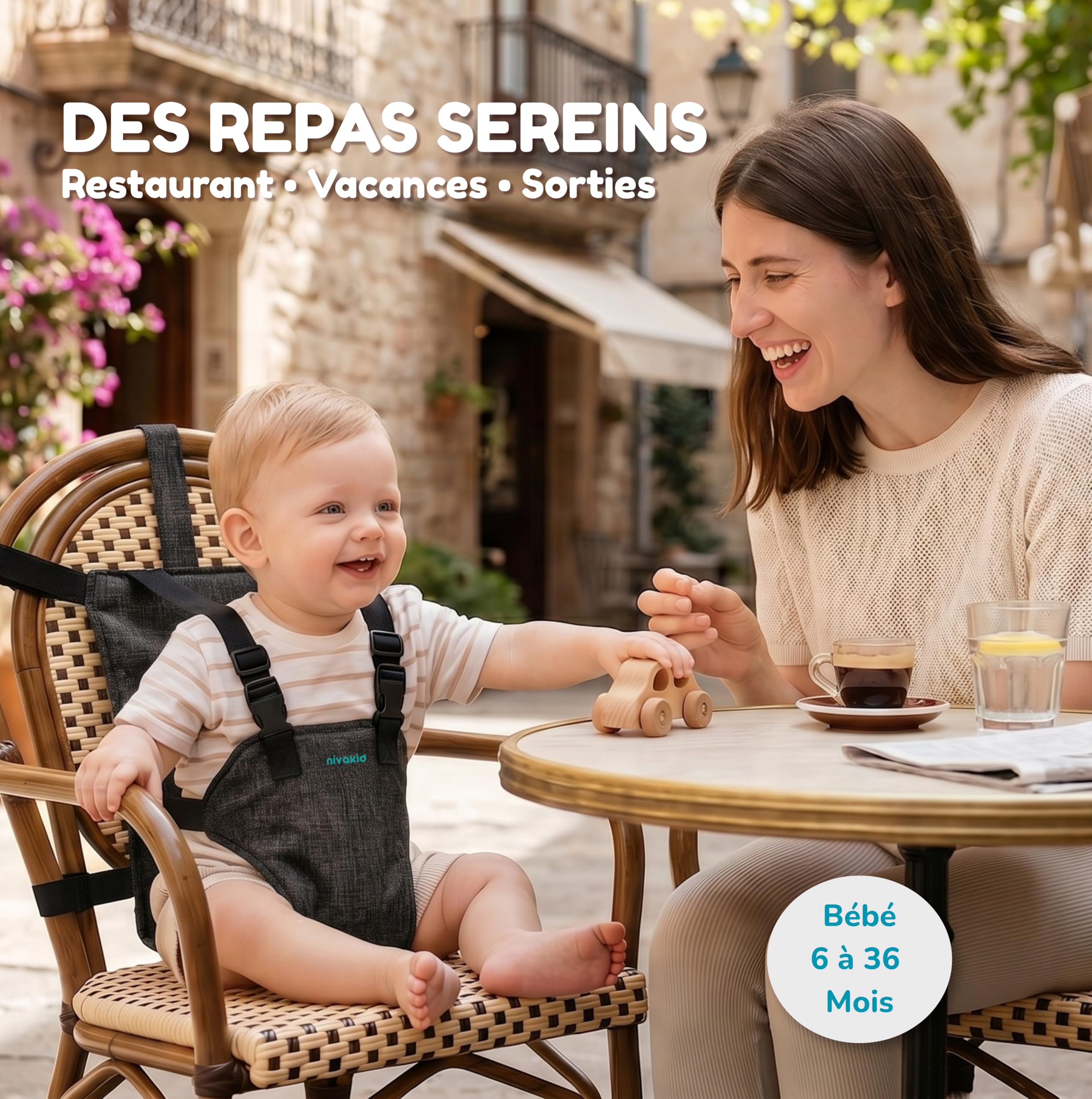 Chaise Nomade Bebe Sécurisée et Ultra Compacte, Siège Bébé Repas Voyage Pliable et légère, Rehausseur Chaise Haute, Harnais Ajustable lavable pour Sorties, Restaurant, Vacances, enfant de 6 à 36 mois