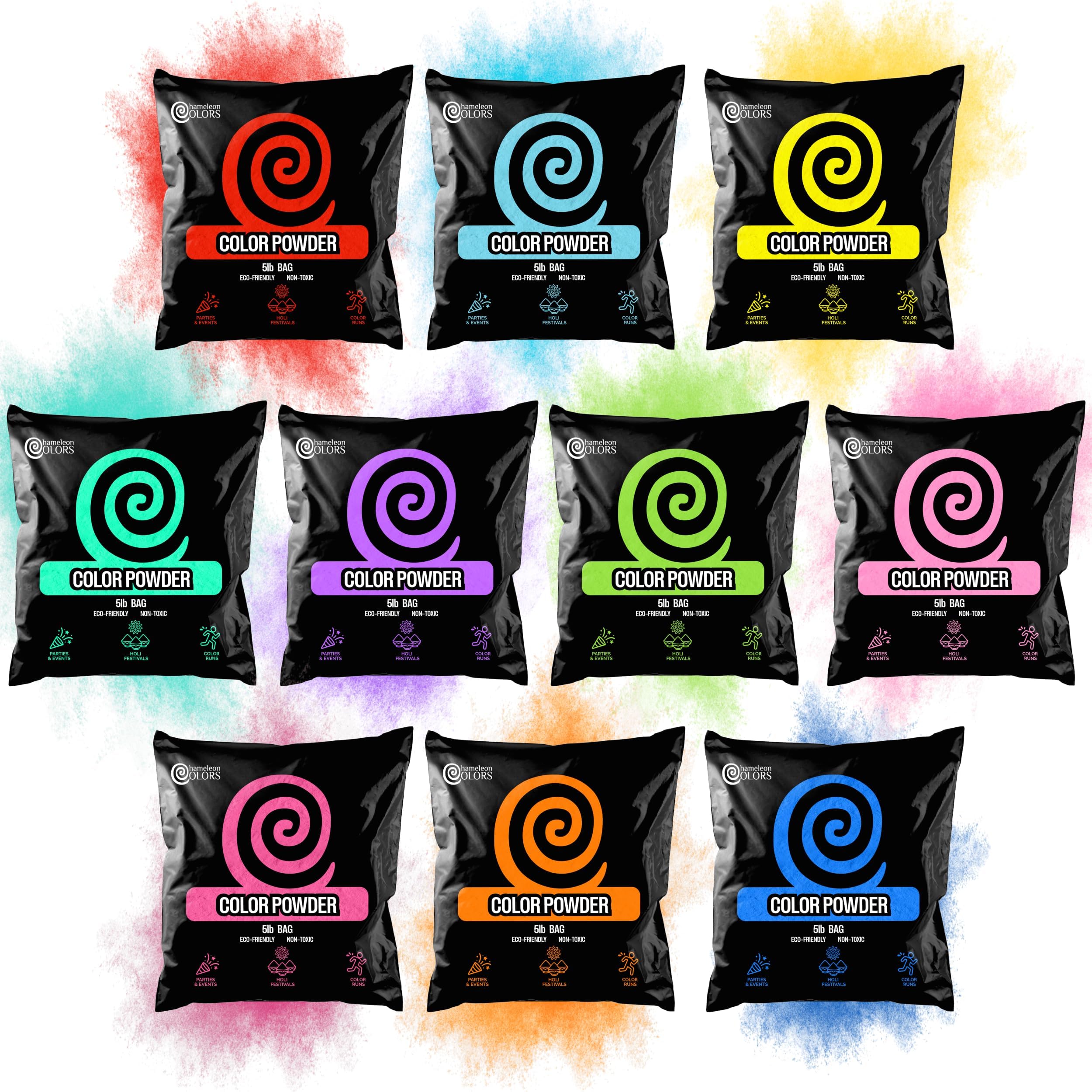 - Chameleon Colors 5 lb Bags of Color Powder, 10 Vibrant Colors, Summer Camp, Holi Powder, Color Run & War, Photo Shoot, School Event, 30-40 People, Non-Toxic, Gluten-Free