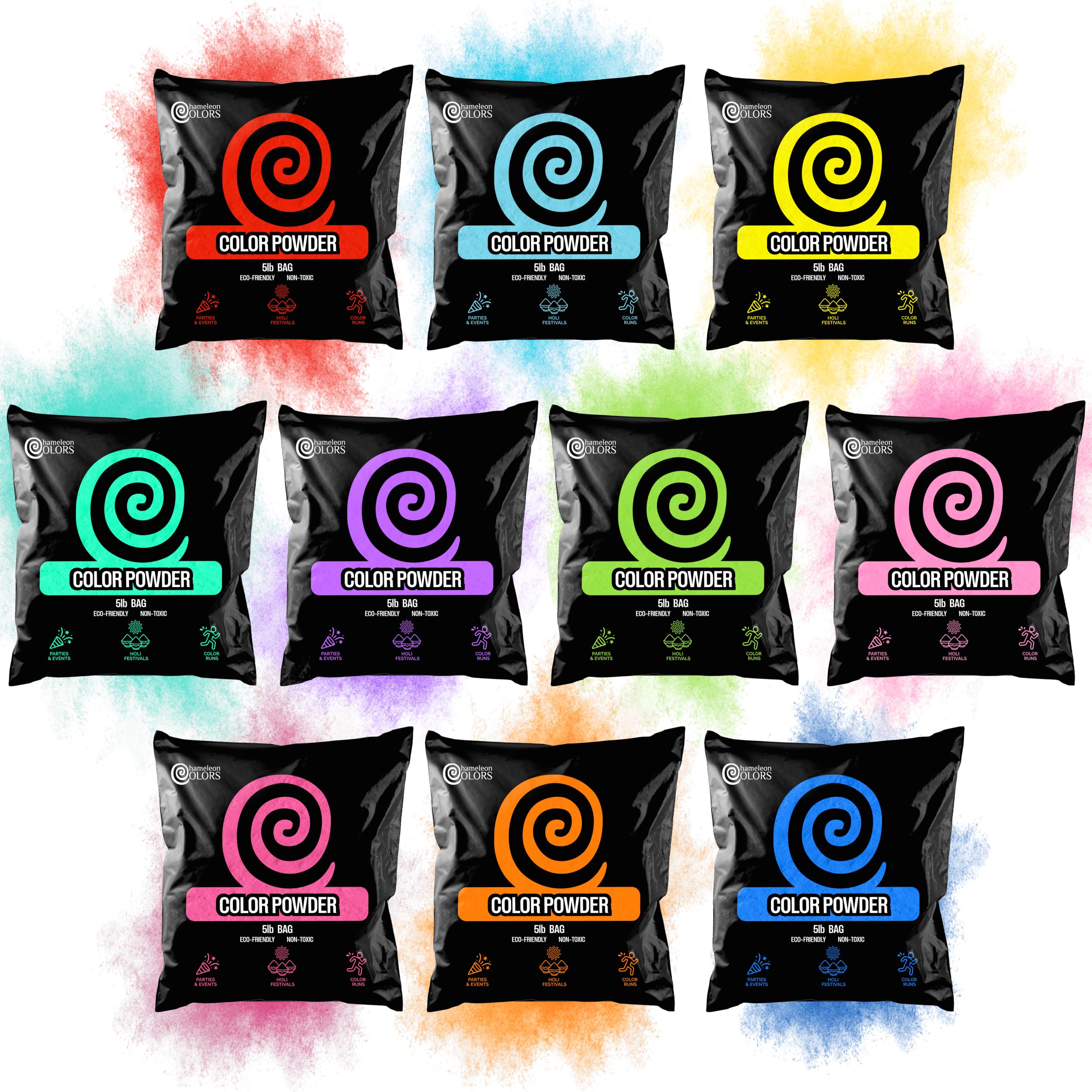 Chameleon Colors 5 lb Bags of Color Powder - 10 Vibrant Colors - For Summer Camp, Holi Powder, Color Run, Photo Shoot, Color War, School Event - 30-40 People - Non-Toxic, Non-Toxic, Gluten-Free