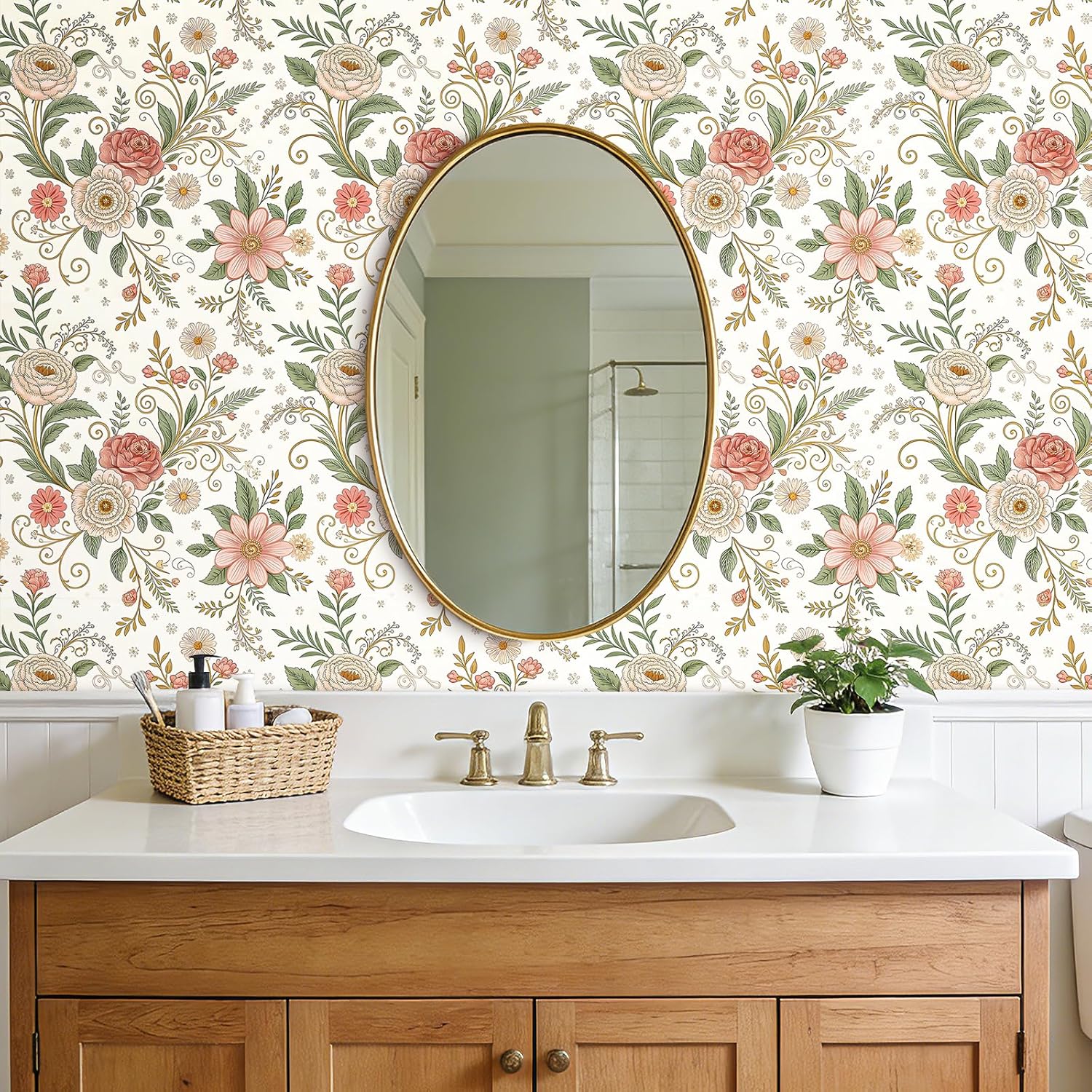 Decotalk Vintage Flowers Wallpaper 17.5x354 Inch White and Pink Floral Wallpaper for Bedroom Nursery Bathroom Floral Wall Paper Peel and Stick Pink and White Flower Contact Paper Self Adhesive