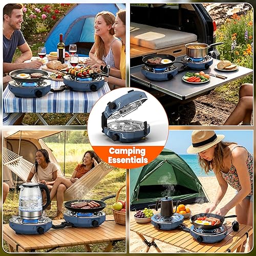 Miniatura 8 de Estufa de campamento de propano de 2 quemadores de 20,000 BTUs, estufa de campamento plegable portátil con quemadores ajustables, encendido Overland