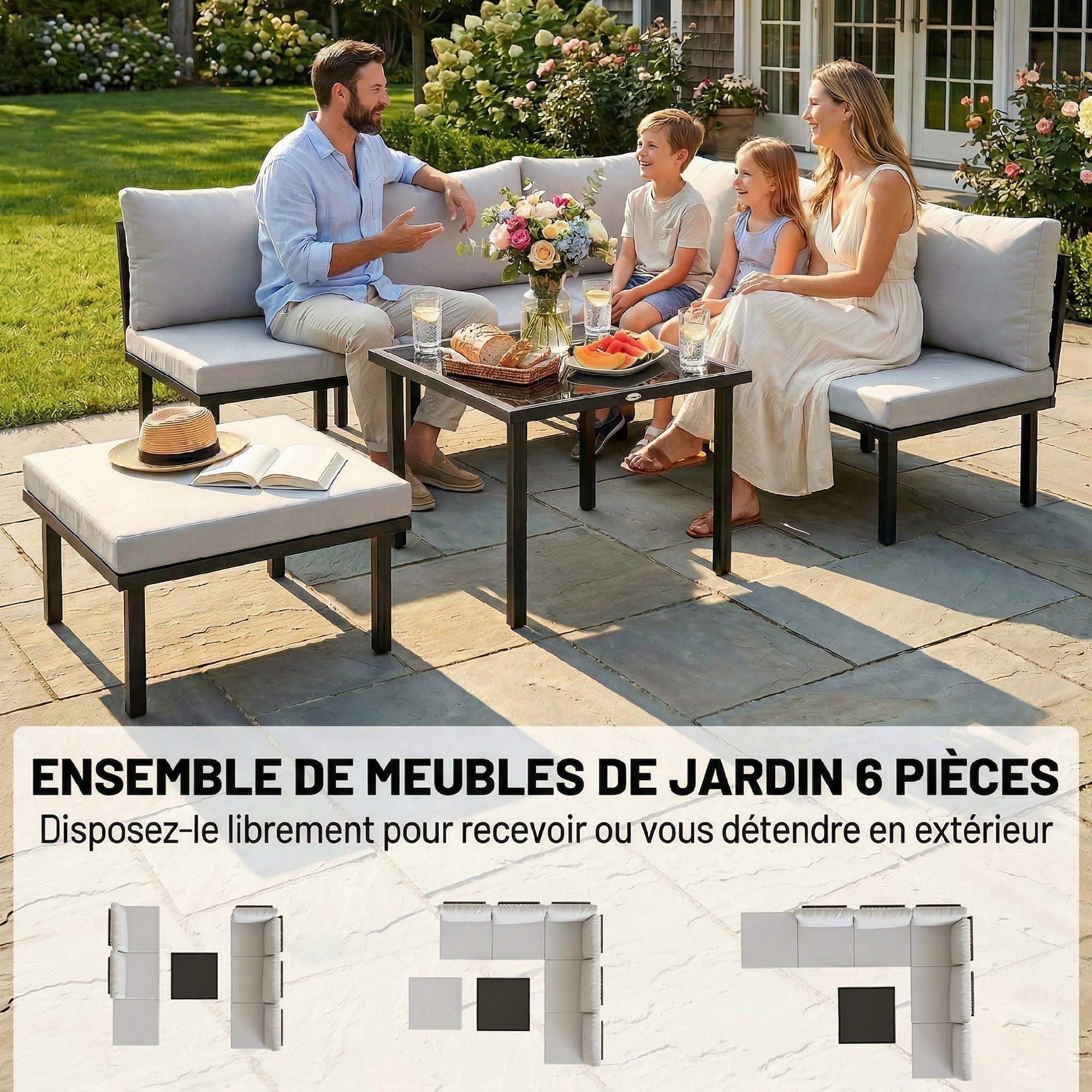 Outsunny Salon de Jardin Extérieur d'angle Modulable 6 Personnes Gris Clair