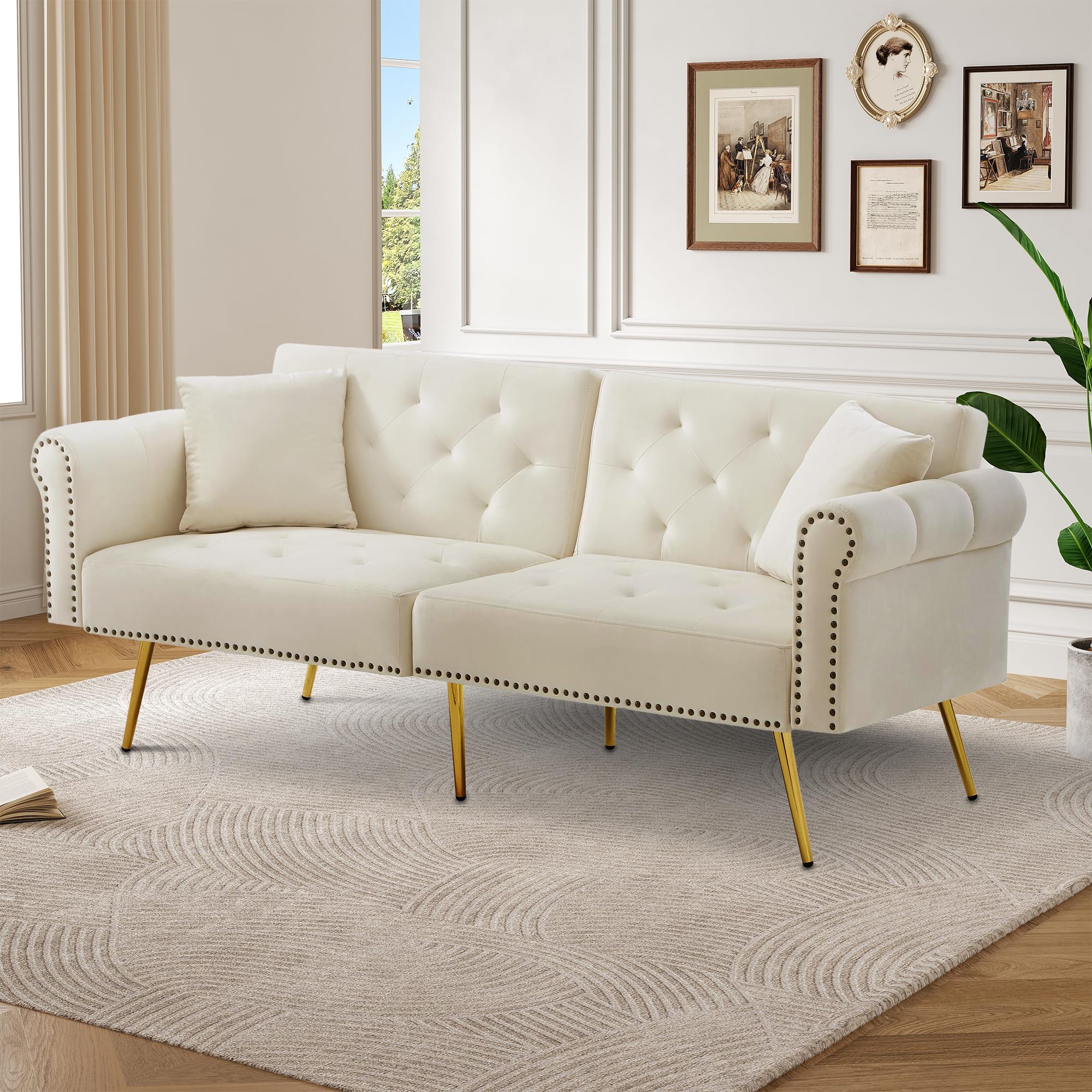 Sofá cama moderno de 2 plazas, tapizado en terciopelo, respaldo ajustable en 3 niveles y patas de metal doradas, elegante sofá con función de dormir, ahorra espacio, resistente, 173 x 75 x 70 cm