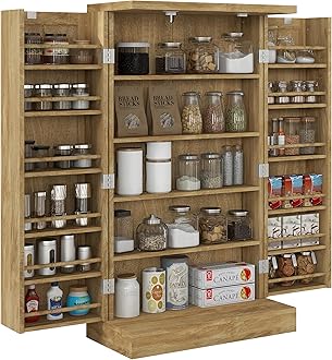 HOMCOM 41" Kitchen Pantry Storage Cabinet, Freestanding Kitchen Cabinet with 12 Door Shelves, Double Doors, 5-Tier Shelving and Adjustable Shelves, Natural