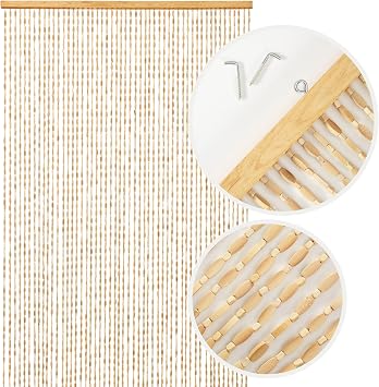 NOVECRAFTO Universal Wooden Beaded Door Curtain with Hooks - 35.4x78.7 in 90x200 cm - Handmade Hanging 52 Strands Curtain Beads for Doorways, Room Partition - Light Brown Wood Bead Pattern