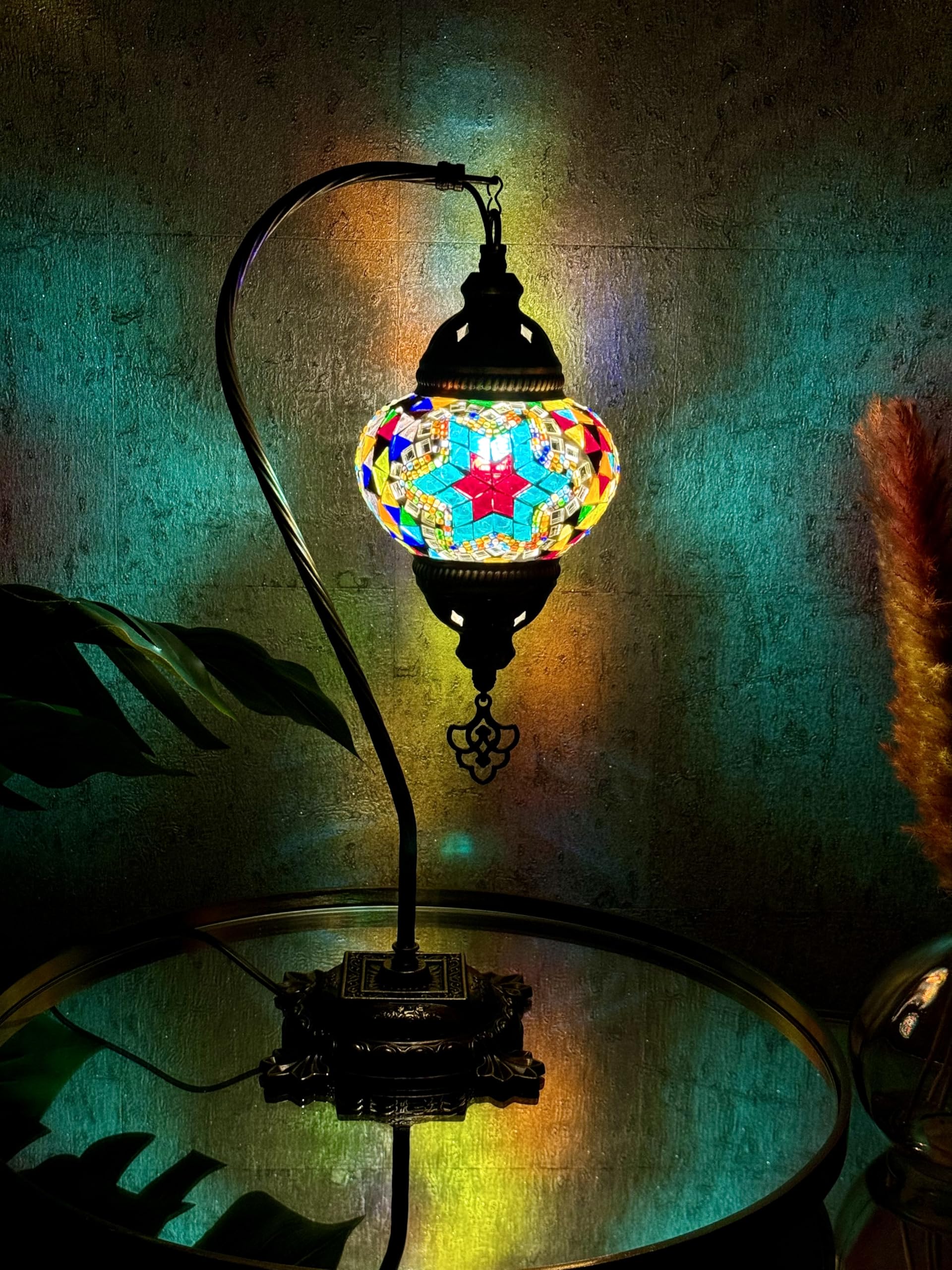 Lightza Handmade Turkish Moroccan Mosaic Desk Lamp LED Bulb | Swan Neck Unique Globe Lampshade Table Light | UK Tested Safe Energy Efficient (Multi Color Blue Star) โ image 1