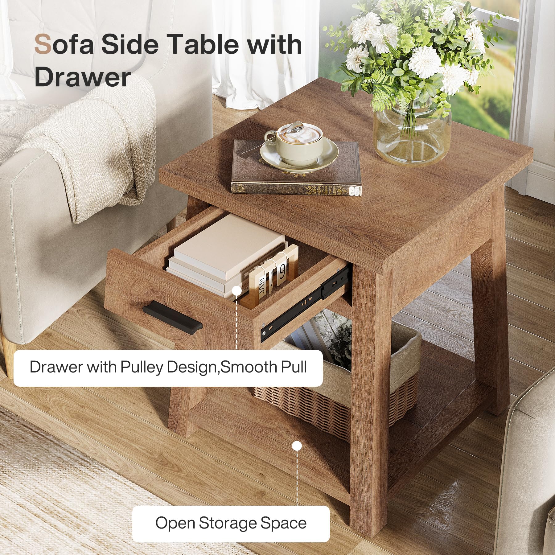 Tribesigns Farmhouse Square Side Table, 2 -Tier Wooden End Table with Drawer, Rustic Nightstands with Shelf Storage for Living Room, Bedroom, Office and Small Spaces