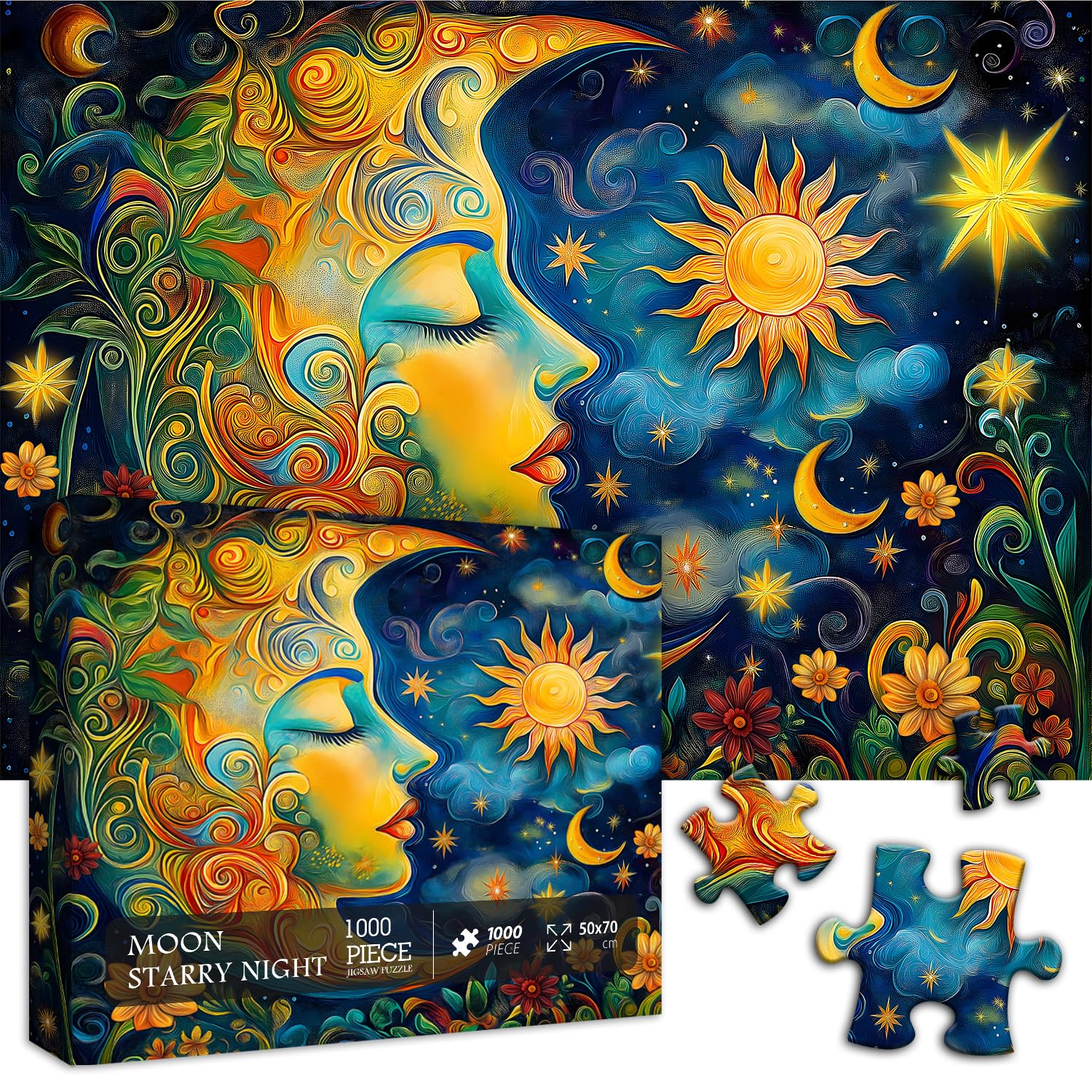 PICKFORU Moon Puzzles for Adults, Starry Night Puzzle 1000 Pieces, Sun Star Flower Art Puzzle, Impossible Difficult Hard Challenging Jigsaw Puzzles for Adults - Image 2
