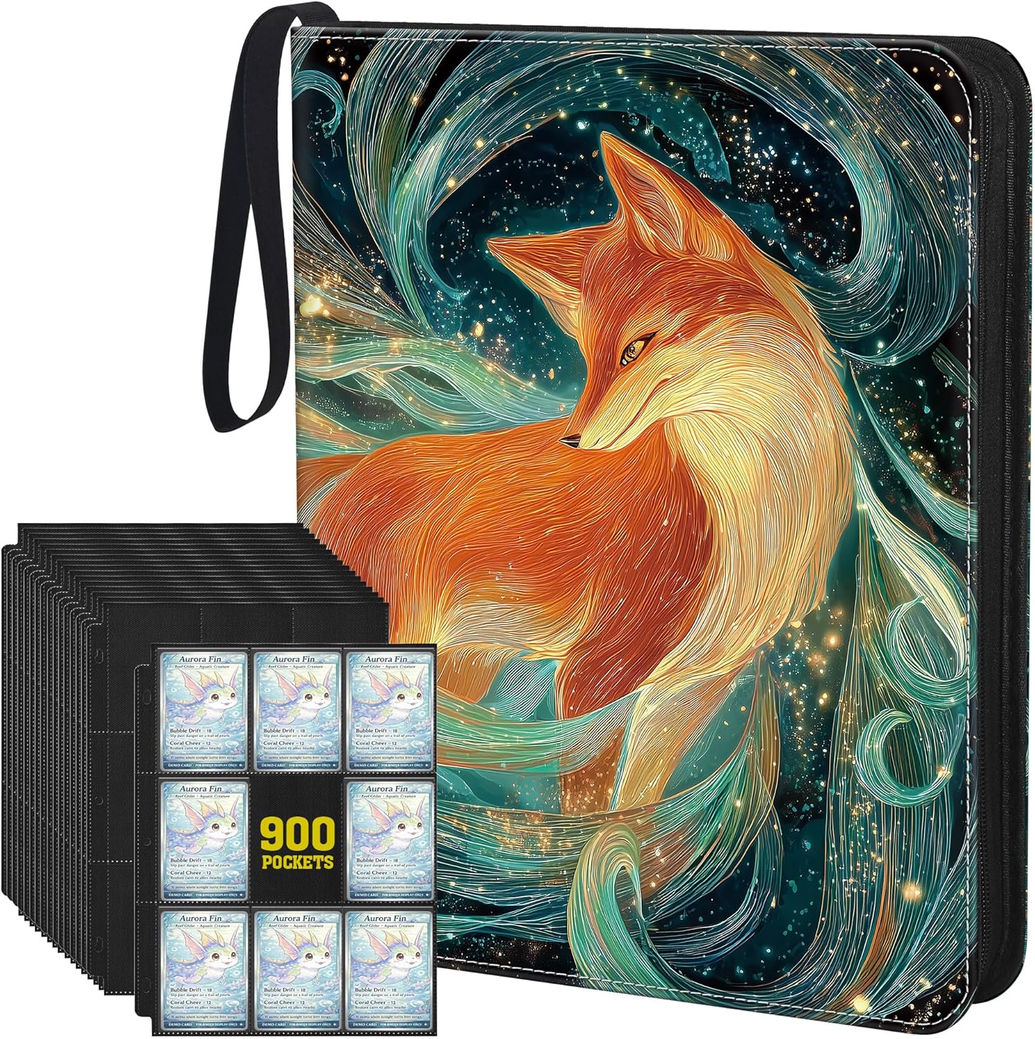 Trading Card Binder 9 Pocket, 900-Pocket Zippered 3-Ring Card Binder with 50 Double-Sided Pages, Fits 2.5" x 3.5" Cards, Acid-Free PVC-Free, Water-Resistant PU Cover, Wrist Strap, Fox Design