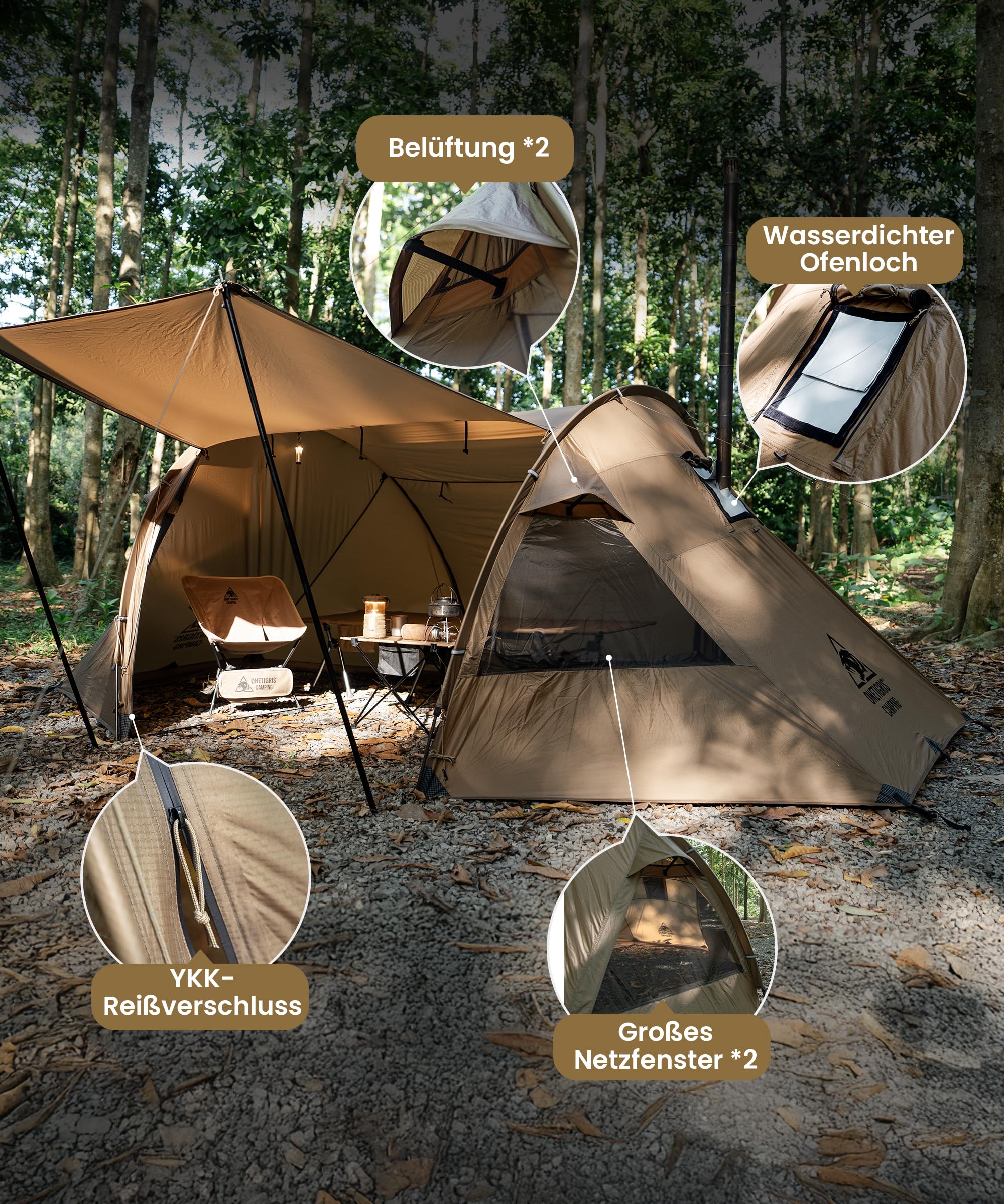 OneTigris Raven Nest Tunnelzelt 2 Personen, Winterzelt, Hot Tent, Ofenloch | Camping Zelt wasserdicht 3000 mm Wassersäule für Reisen Outdoor