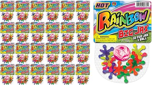 Miniatura 10 de JA-RU Juego de juguetes Jumbo Jax con bola de goma (juego de 12 Jax) Juego de gatos de neón arcoíris para niños y adultos. Juguetes clásicos retro.