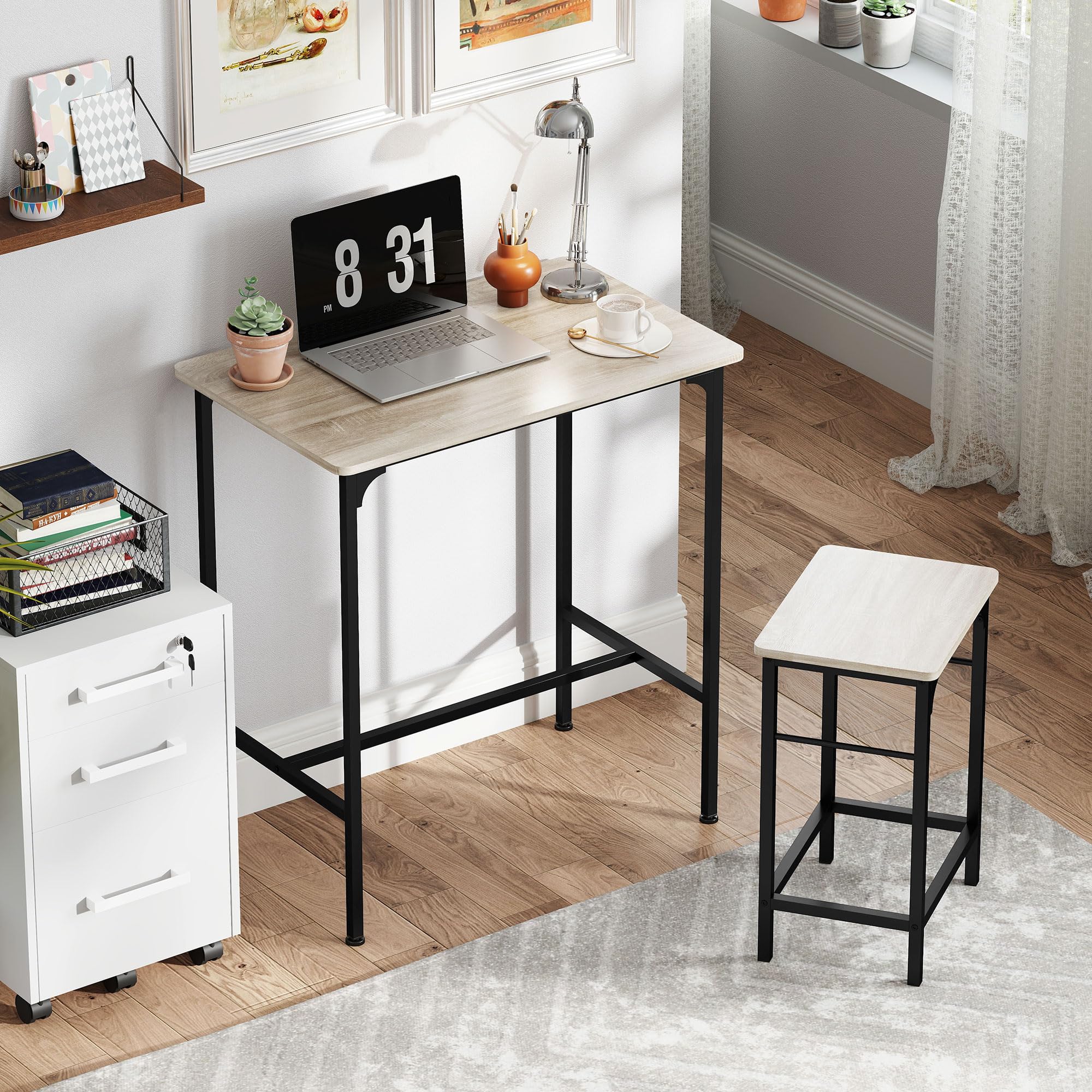 HOMCOM - Conjunto de Mesa de Bar con taburetes, Mesa de Comedor de pie con 2 sillas de Bar, Marco de Acero para Cocina, Comedor y Sala de Estar, Efecto Madera Natural