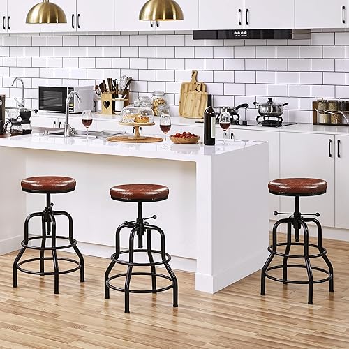 Miniatura 11 de Yaheetech Taburete de bar industrial, vintage, rústico, altura de mostrador, taburete de bar de metal, ajustable con asiento redondo de madera,