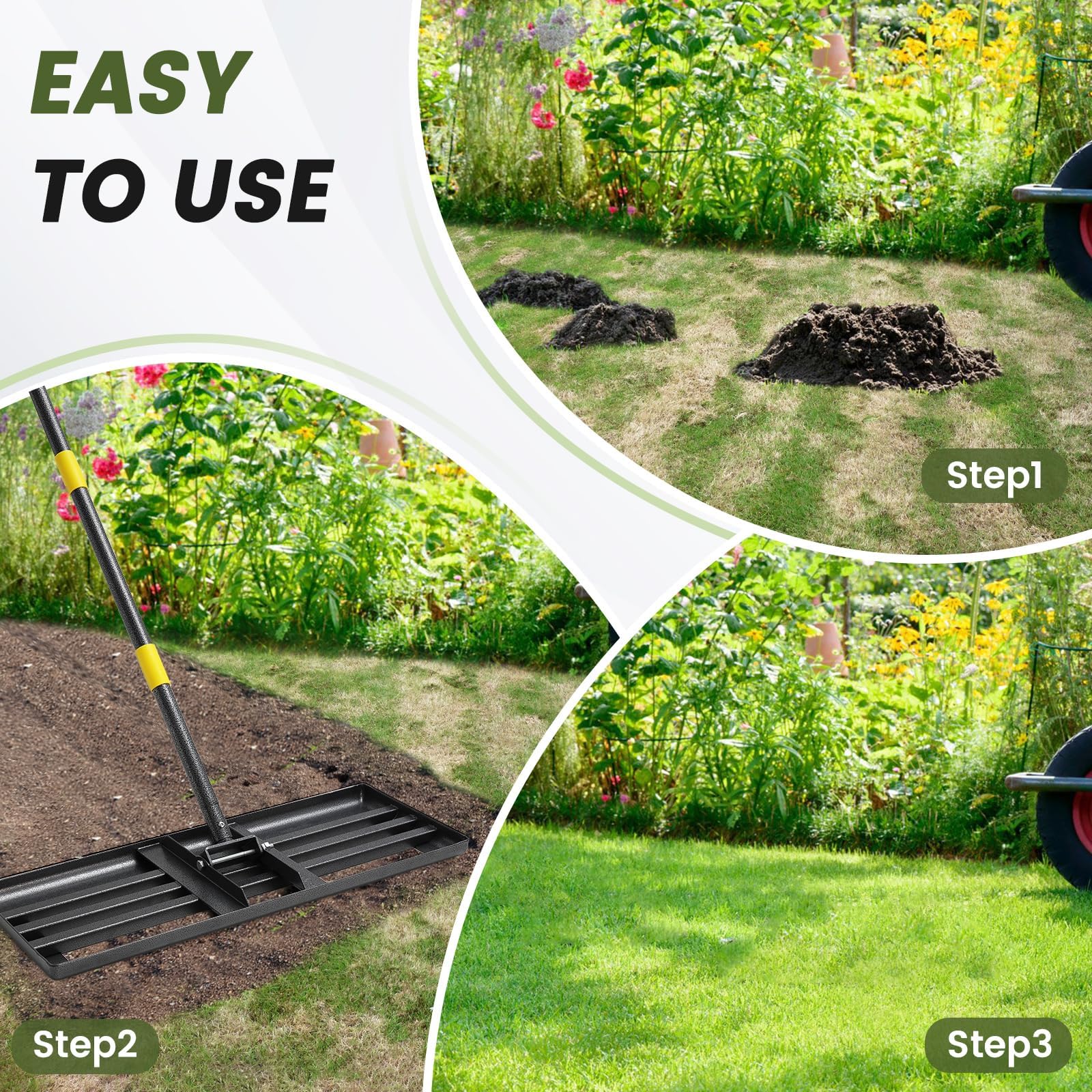Rastrillo de césped grande de 183 cm, rastrillo de nivelación de césped de metal resistente con cabeza de 76 cm, rastrillo de jardín para nivelar el suelo, esparcir compost, eliminar escombros