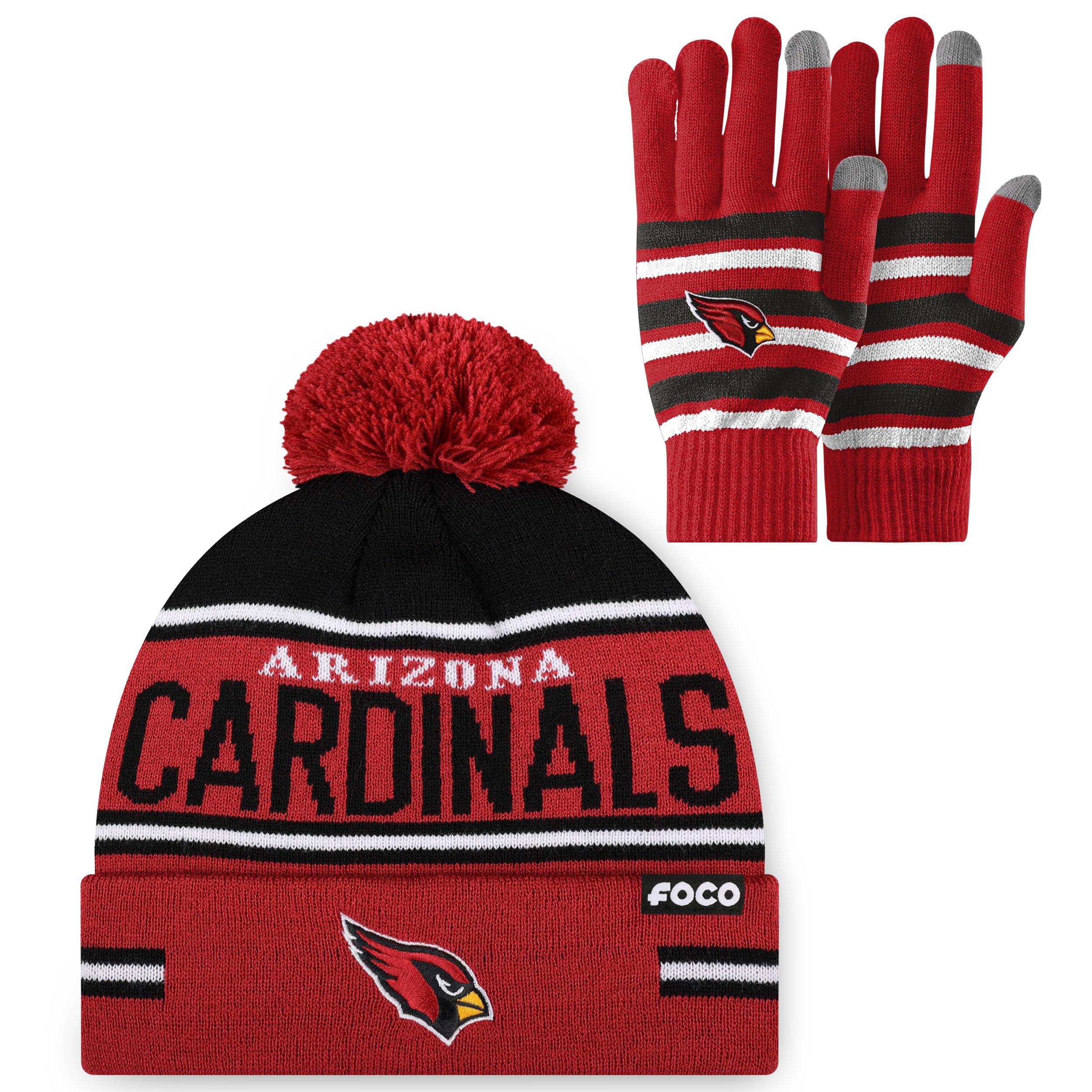 FOCO NFL unisex-adult Nfl Team Logo Adult Stretch Gloves With Big Wordmark Strip Pom Knit Hat Beanie Set