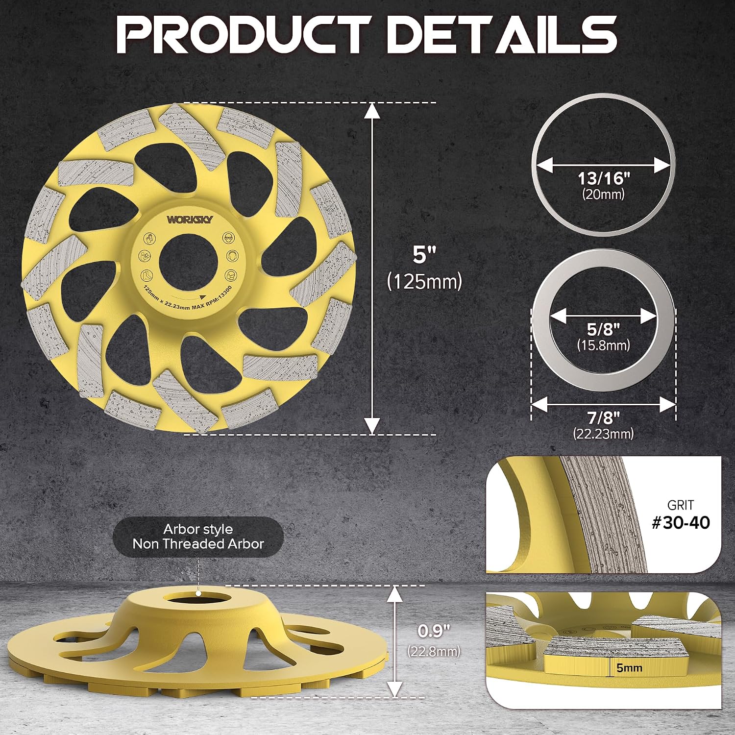 Concrete Grinding Wheel 5 Inch for Angle Grinder,16 Turbo Diamond Segments with 7/8"-5/8" Arbor for Polishing and CleaningPaint, Cement, Marble, Granite, Concrete, Stone