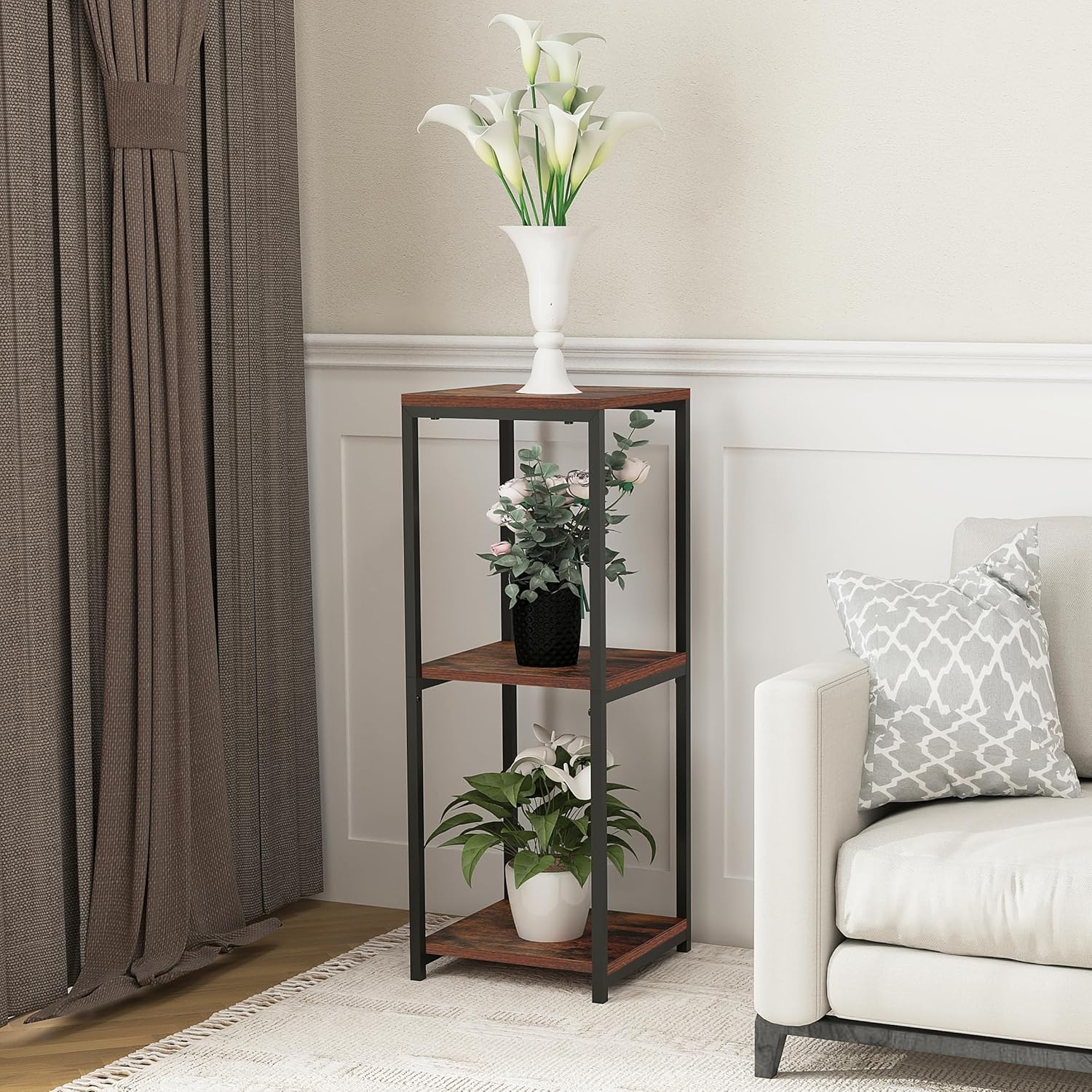 CASIMR Plant Stand for Indoor, Tall Metal Shelf with Square Wooden Board, 3 Tier Display Rack for Multiple Plants, 32 Inch Tiered Flower Pot Holder for Corner Living Room Balcony Garden Patio,