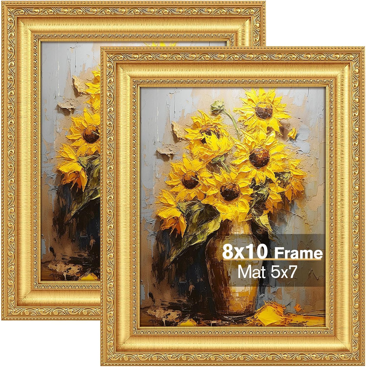 8x10 Gold Picture Frame Set of 2, Ornate Vintage 8 x 10 Photo Frame for Wall Decor or Tabletop Display, 8x10 Gold Frames with Real Glass, Display 5x7 Pictures with Mat or 8x 10 without Mat for Antique Déco Gold Picture Frame 8x10