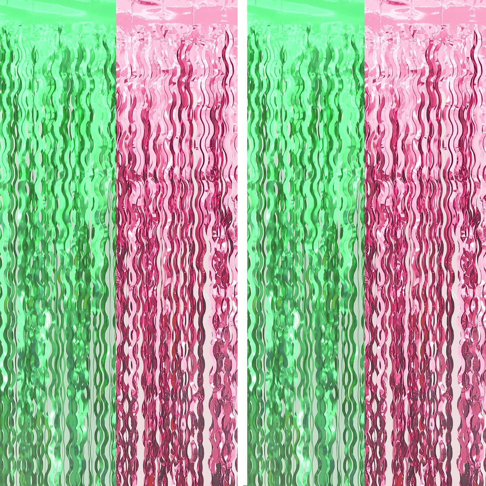 Cyxevous Green Pink Tinsel Curtains, Wavy Foil Fringe Curtain Photo Booth Foil Curtain Backdrop Green Pink Theme Birthday Party Backdrop 2 Pcs 3.2