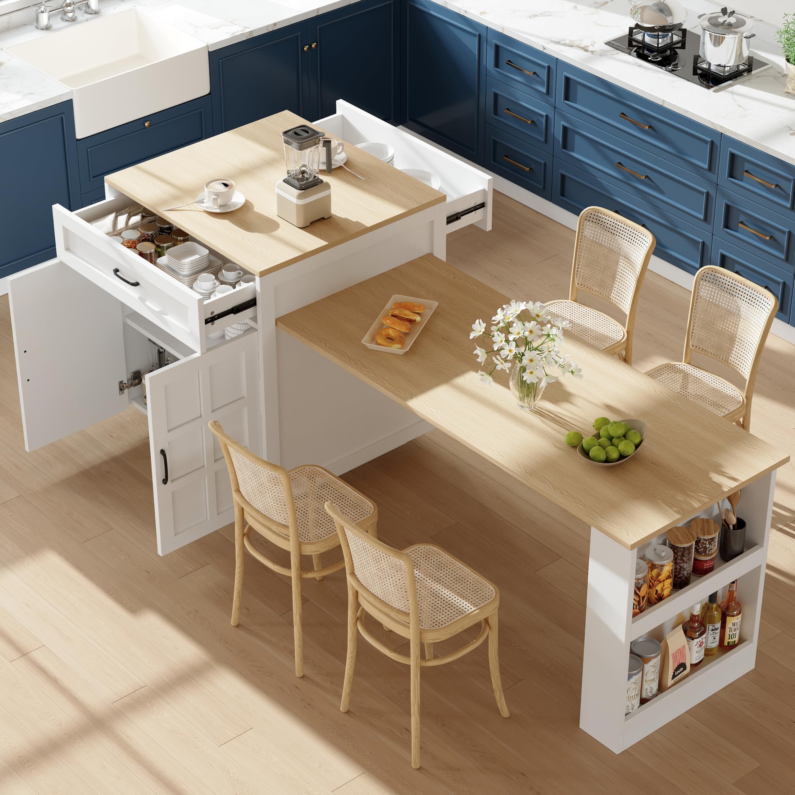 Zepneiy Table a Manger Extensible avec Espace de Rangement, Desserte Cuisine avec Deux tiroirs et Quatre Compartiments, Table Extensible pour îlot de Cuisine Blanc (133-202 × 70 × 93,5 cm)