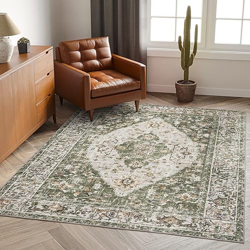Miniatura 3 de Valenrug Alfombra lavable de 4 x 6 pies, colección verde, alfombra antideslizante y resistente a las manchas, para sala de estar, dormitorio antiguo
