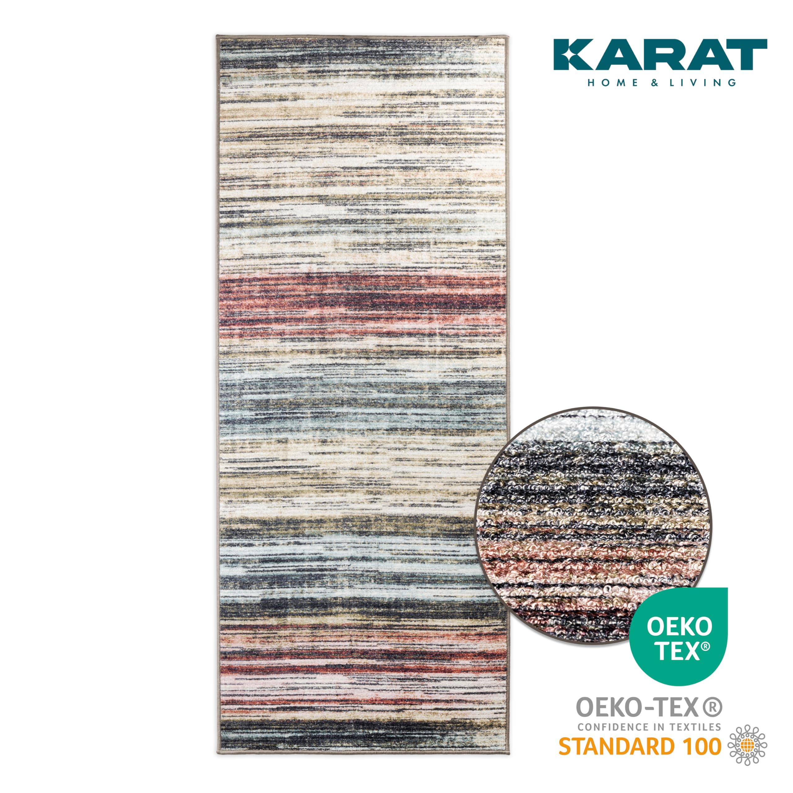 KARAT Teppich Läufer für Küche, Flur & Wohnraum Küchenläufer - Rutschfester Moderner Flurteppich für Wohnzimmer & Schlafzimmer Meterware nach Maß, Beige-Rot, 80 x 450 cm (Cudillero)