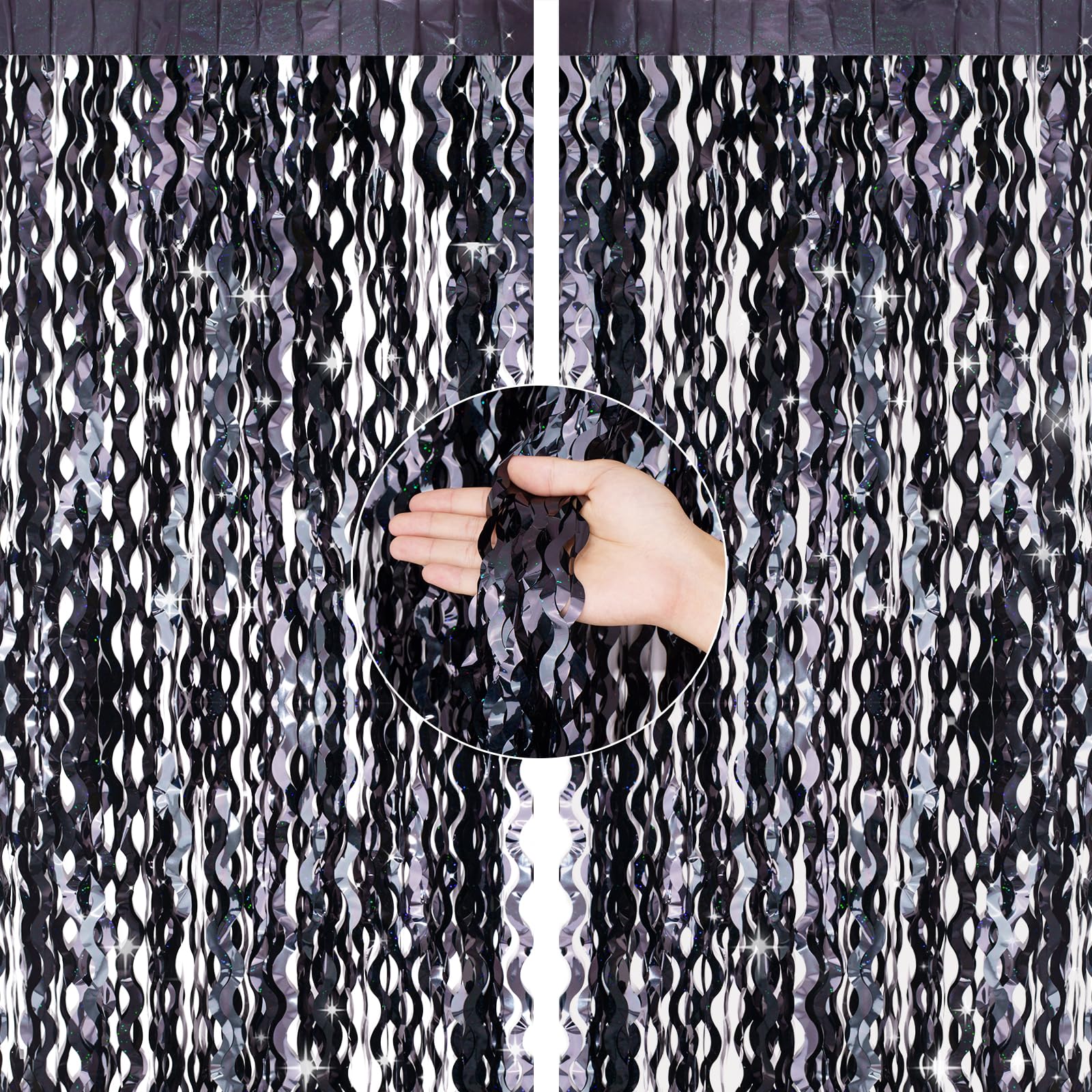 G2PLUS Schwarz Lametta Vorhang Welle: Metallic Glitzer Vorhang, Ideal Dekoration für Halloween, Geburtstag Party, Perfekt als Foto Hintergrund, 2er Set